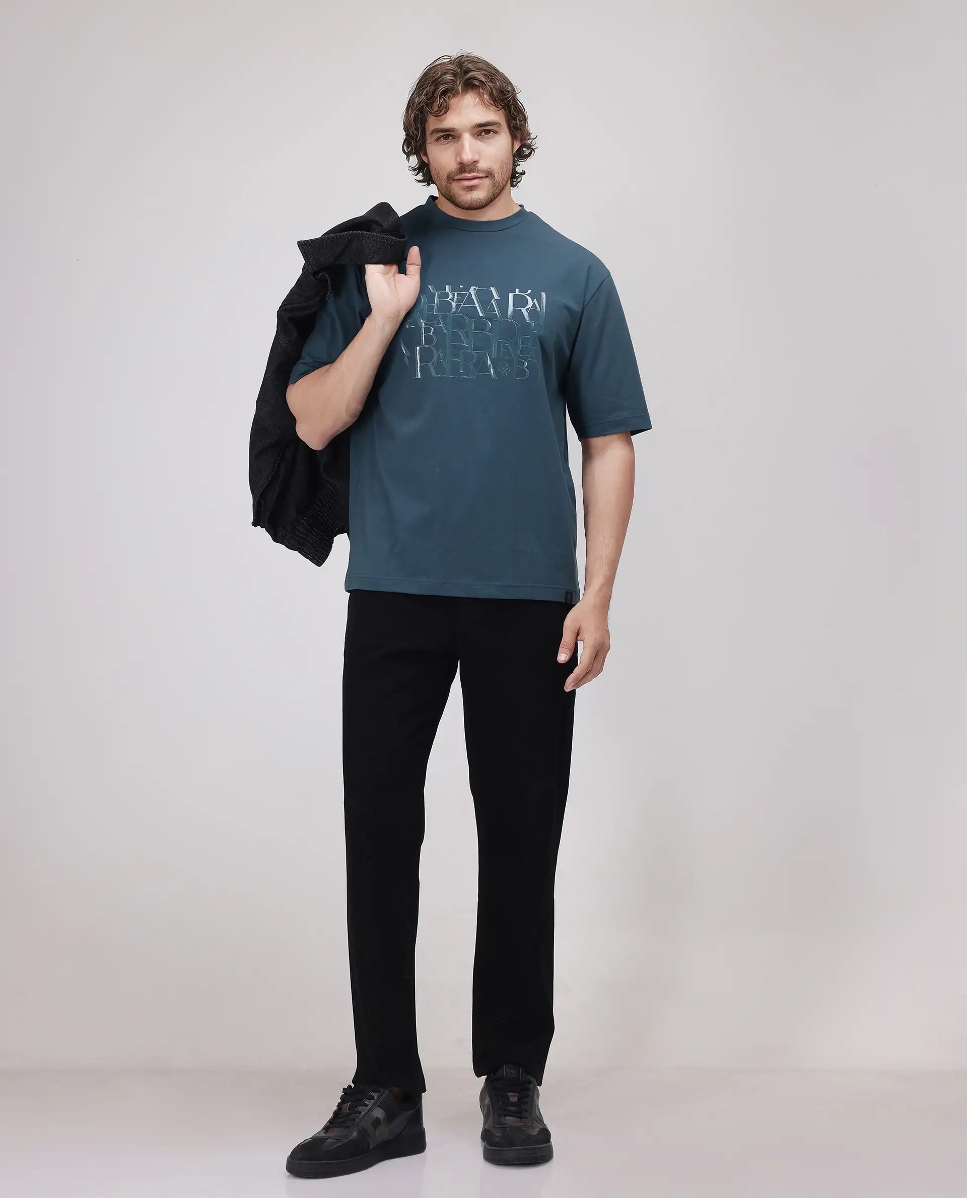 Rare Rabbit Men Ovem Dusky Teal Cotton Blend Fabric Short Sleeve Crew Neck Qlo Fit Abstract Print T-Shirt