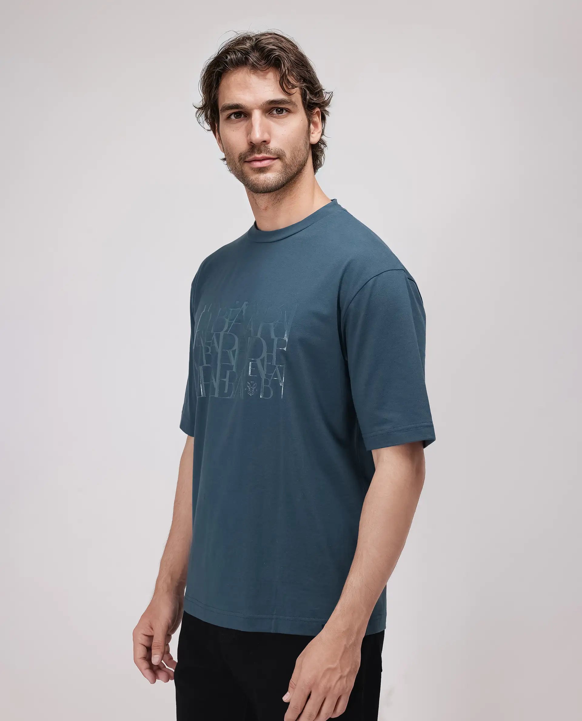 Rare Rabbit Men Ovem Dusky Teal Cotton Blend Fabric Short Sleeve Crew Neck Qlo Fit Abstract Print T-Shirt