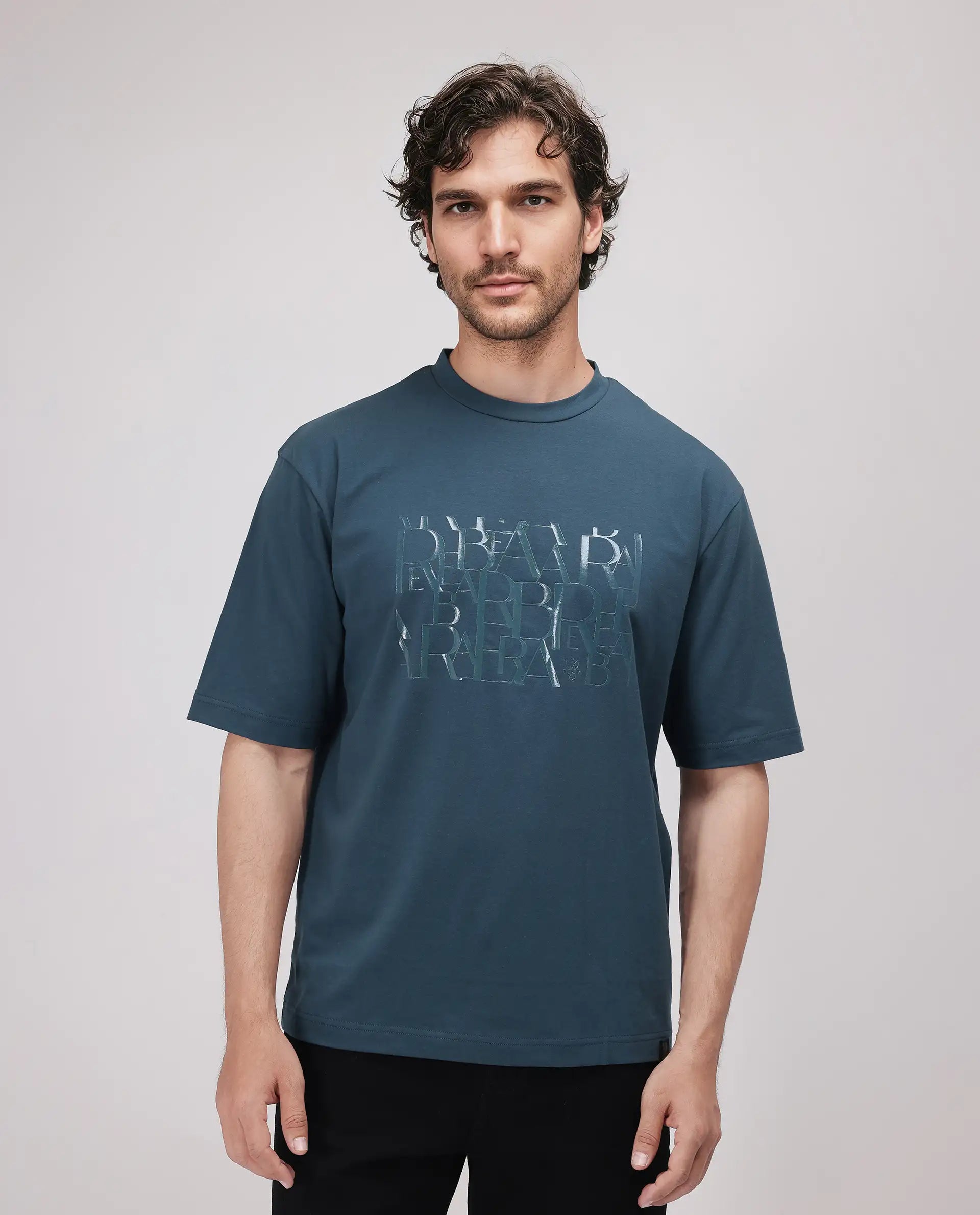 Rare Rabbit Men Ovem Dusky Teal Cotton Blend Fabric Short Sleeve Crew Neck Qlo Fit Abstract Print T-Shirt