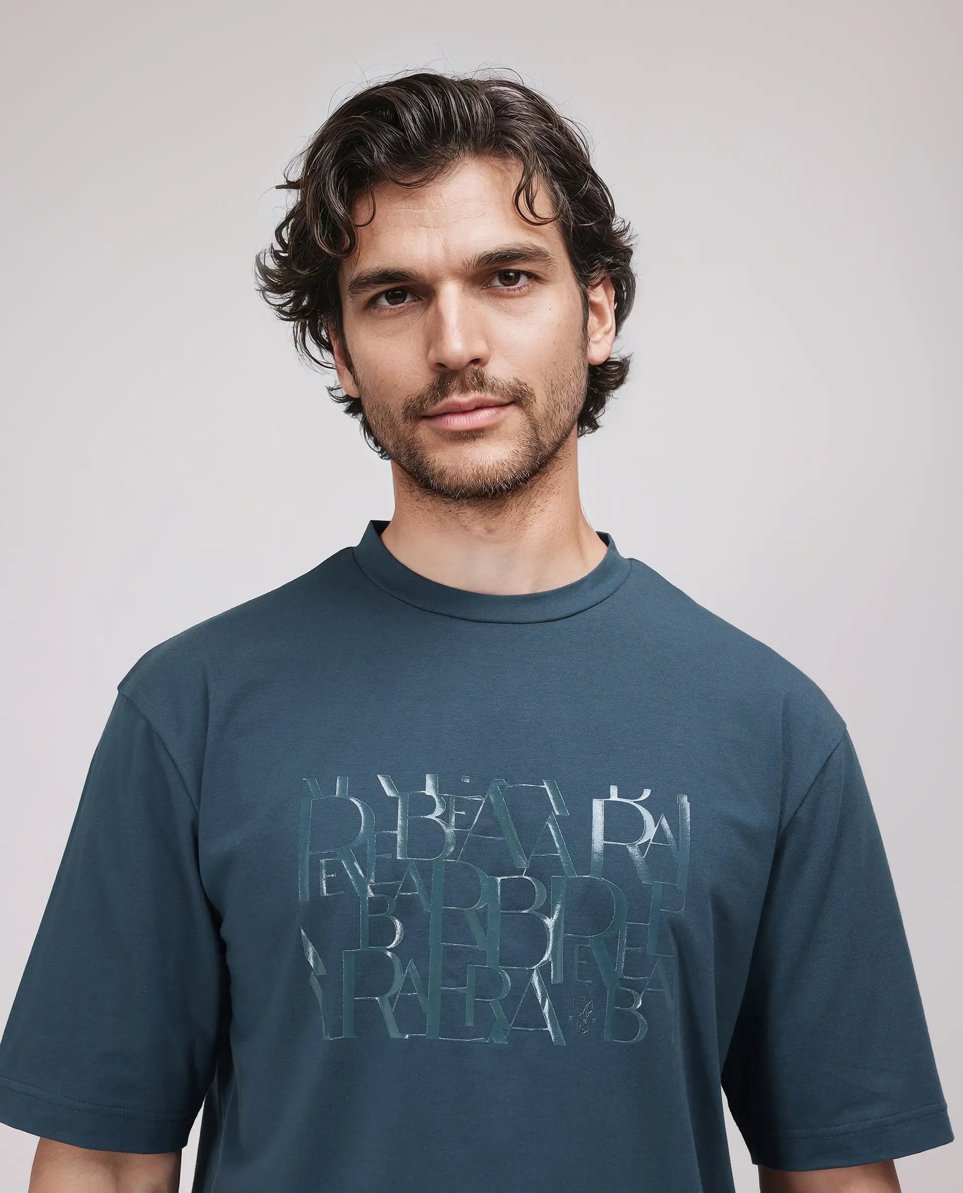 Rare Rabbit Men Ovem Dusky Teal Cotton Blend Fabric Short Sleeve Crew Neck Qlo Fit Abstract Print T-Shirt