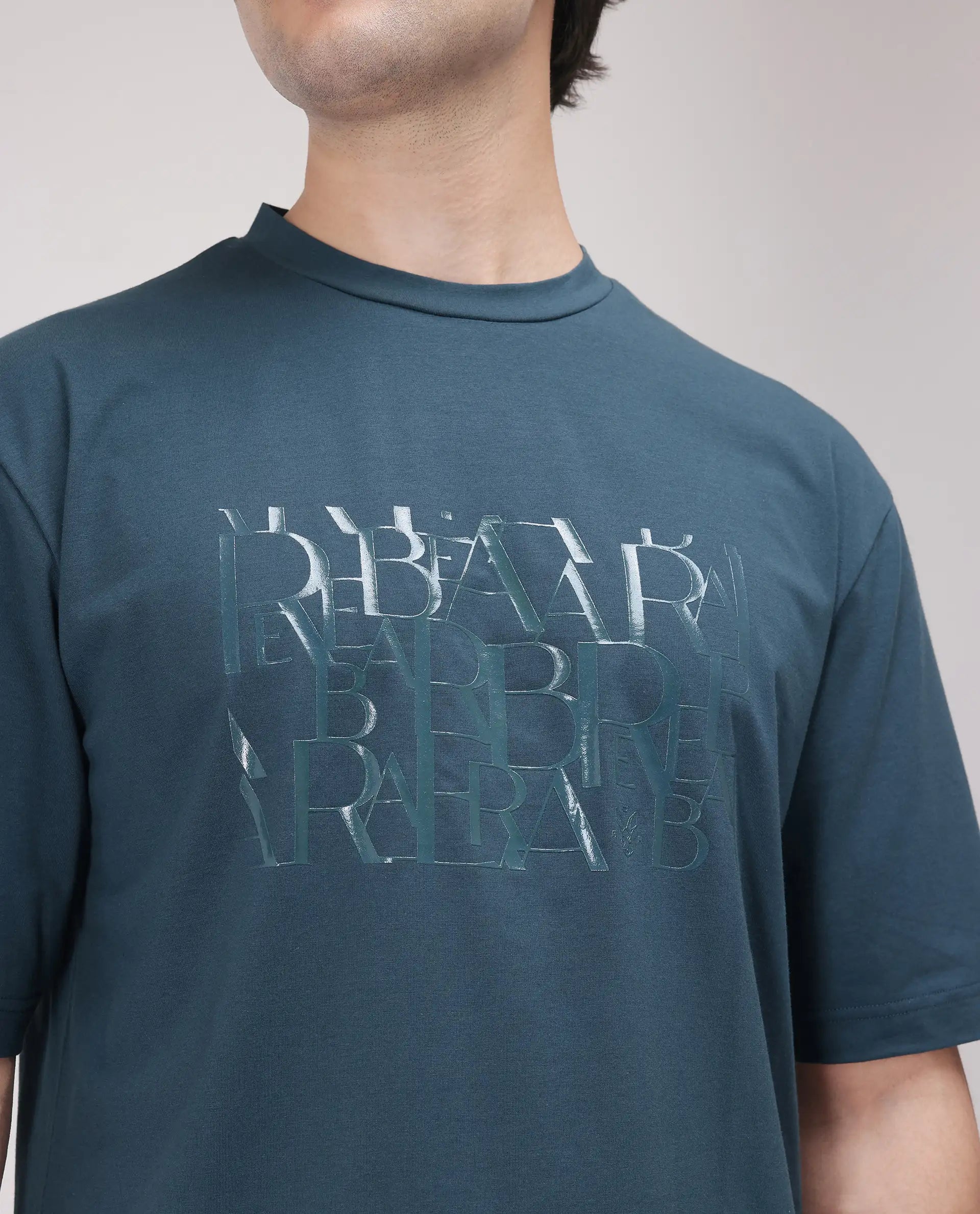 Rare Rabbit Men Ovem Dusky Teal Cotton Blend Fabric Short Sleeve Crew Neck Qlo Fit Abstract Print T-Shirt