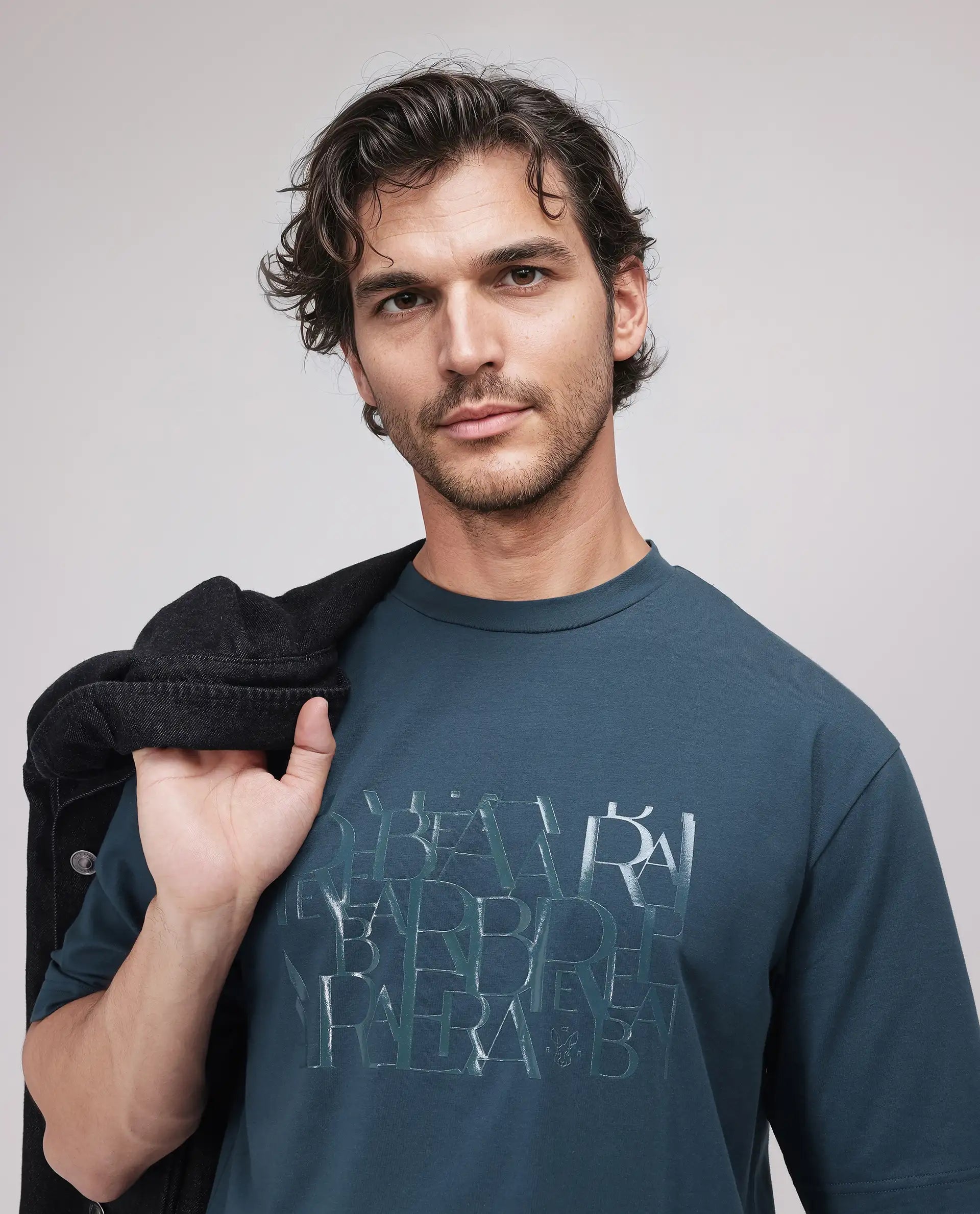 Rare Rabbit Men Ovem Dusky Teal Cotton Blend Fabric Short Sleeve Crew Neck Qlo Fit Abstract Print T-Shirt