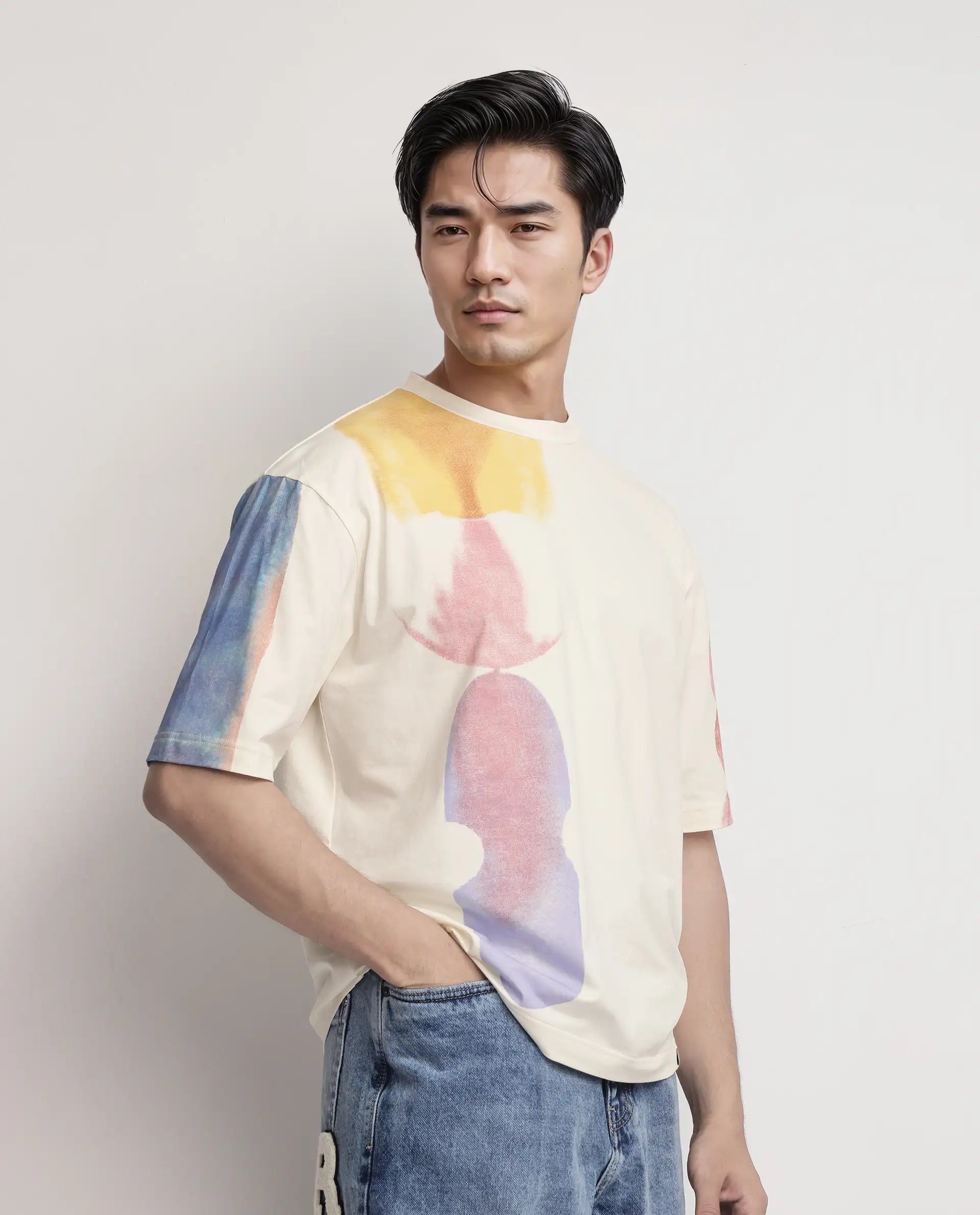 Rare Rabbit Men Ovet Off White Cotton Blend Fabric Short Sleeve Crew Neck Qlo Fit Abstract Print T-Shirt