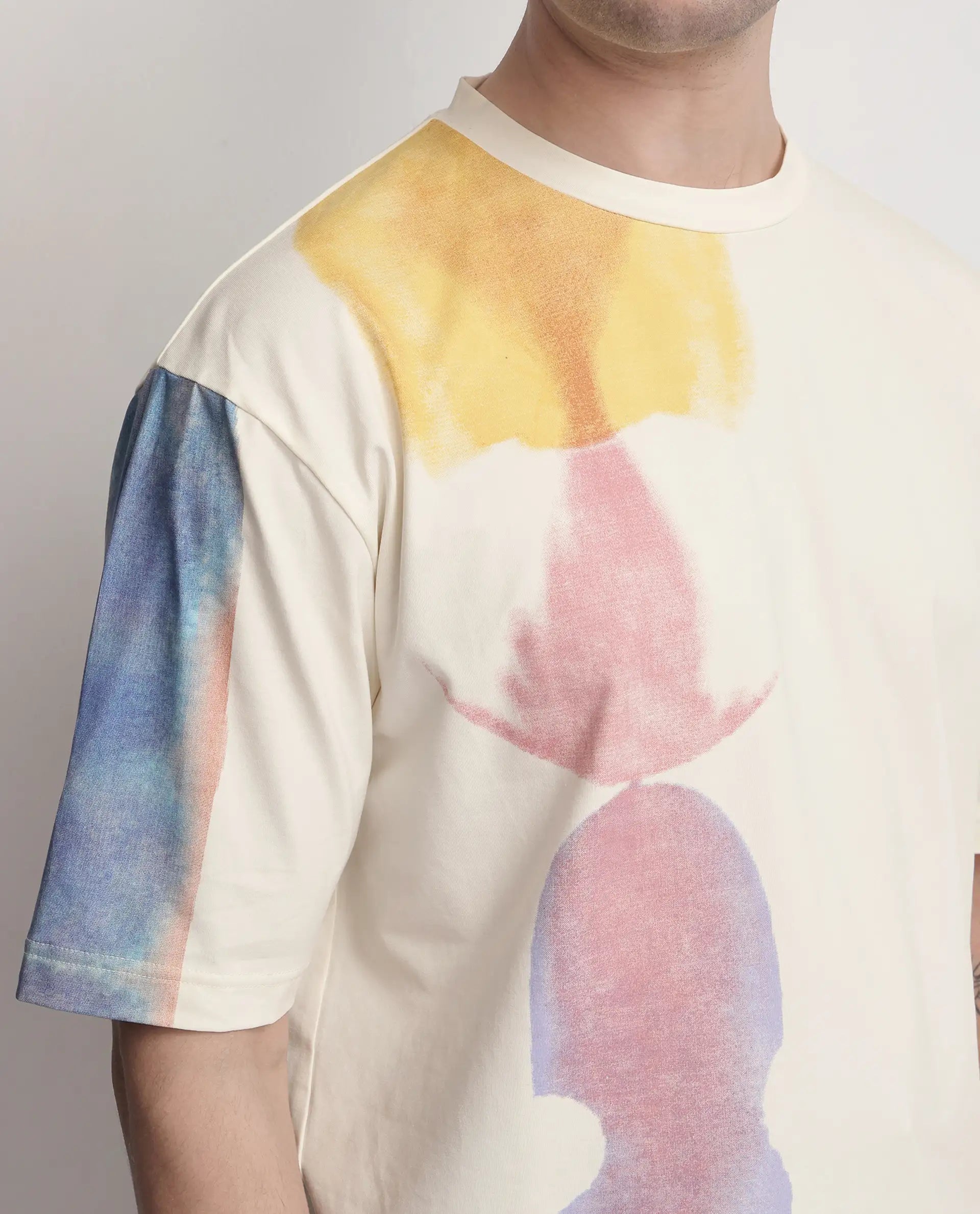 Rare Rabbit Men Ovet Off White Cotton Blend Fabric Short Sleeve Crew Neck Qlo Fit Abstract Print T-Shirt