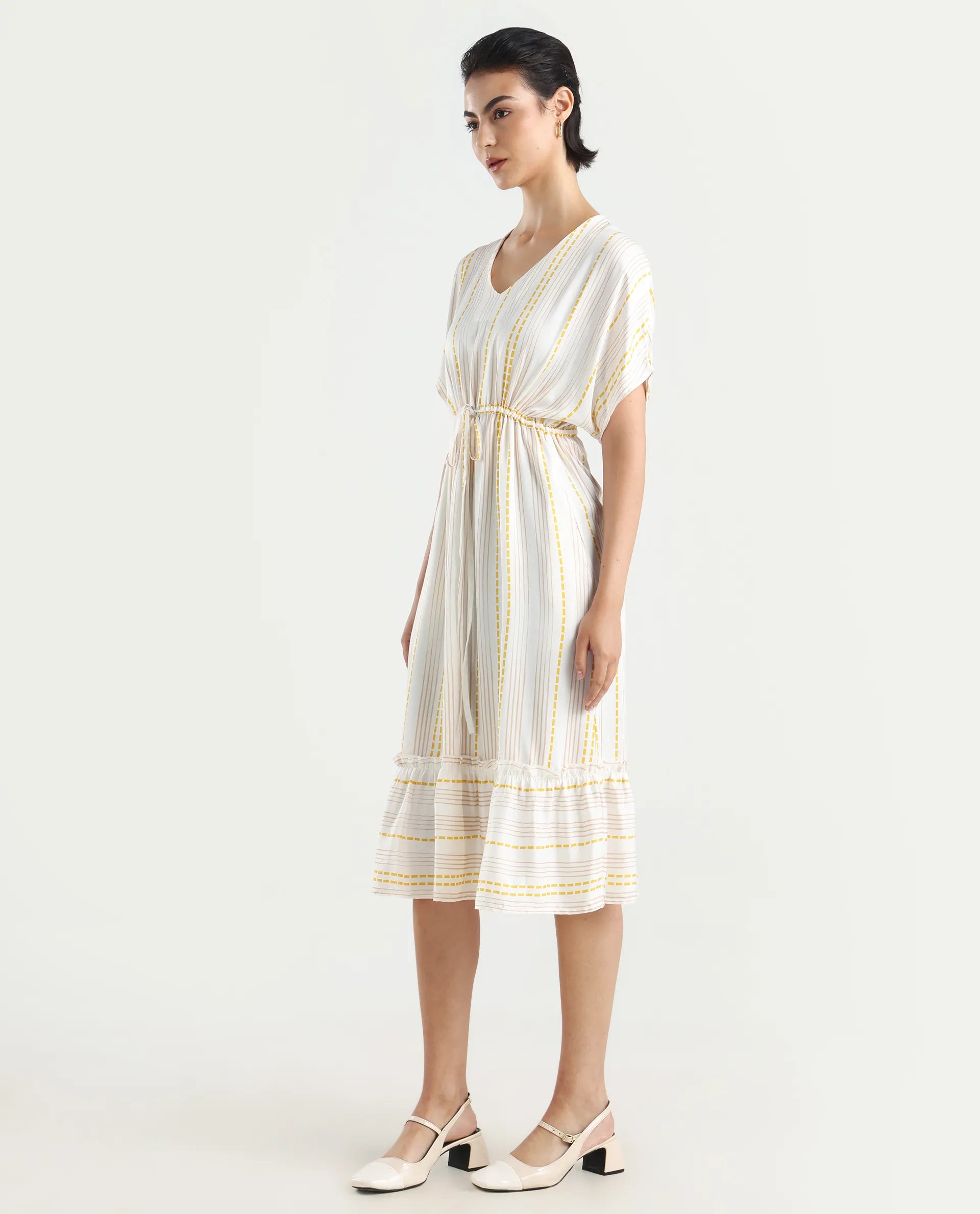 Rareism Women's Oxaca White Cotton Blend V-Neck Striped Extended Sleeves Knee Length Fit And Flare Dress