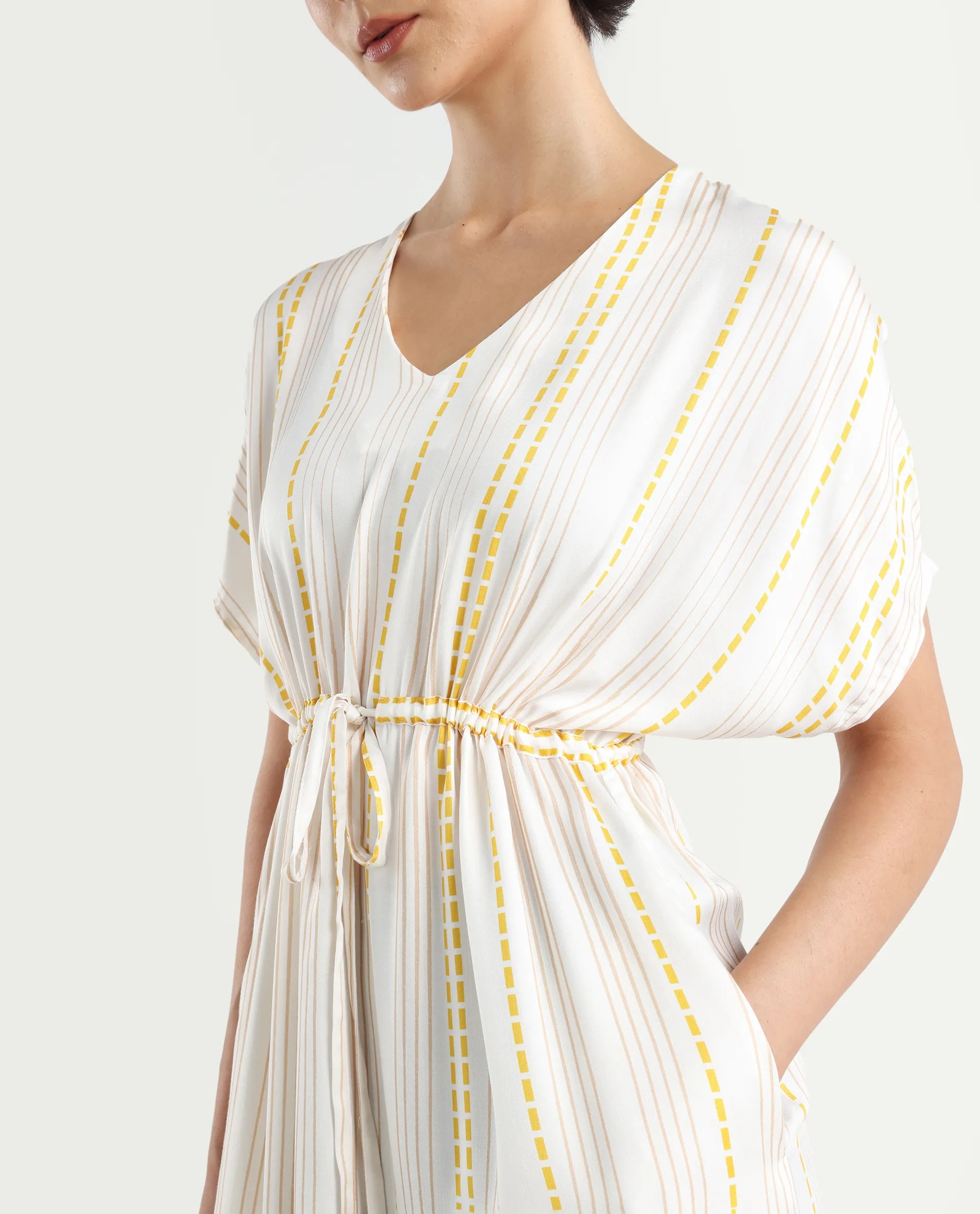 Rareism Women's Oxaca White Cotton Blend V-Neck Striped Extended Sleeves Knee Length Fit And Flare Dress