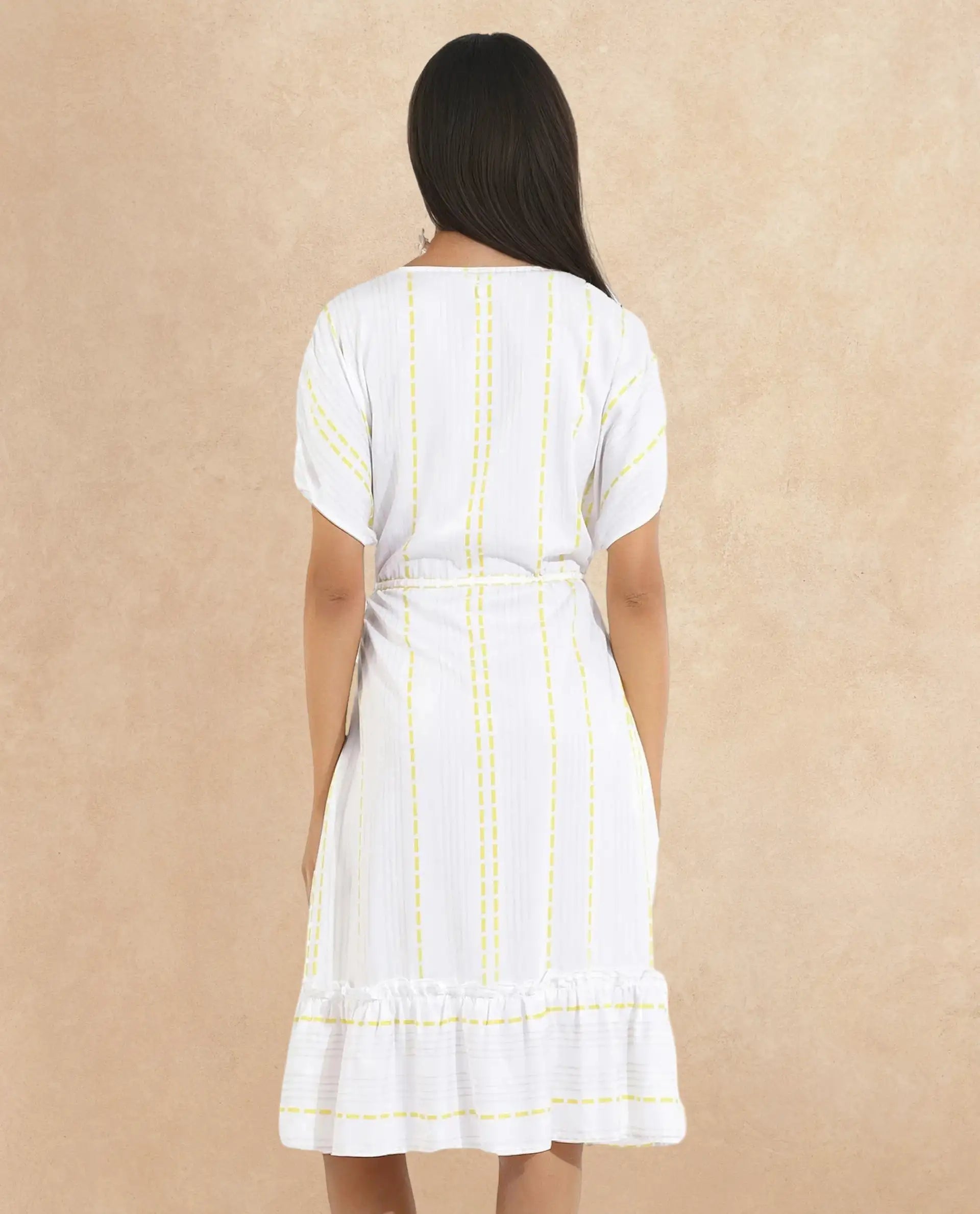 Rareism Women's Oxaca White  V-Neck Tie-Up Closure Extended Sleeve Striped Fit And Flare Knee Length Dress