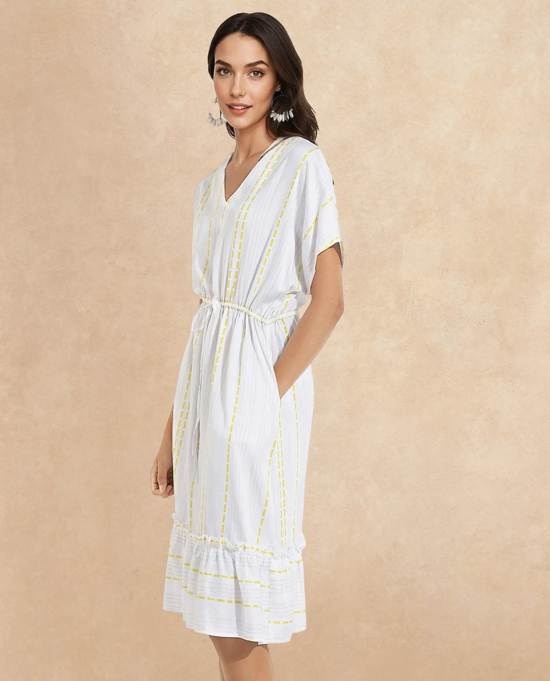 Rareism Women's Oxaca White  V-Neck Tie-Up Closure Extended Sleeve Striped Fit And Flare Knee Length Dress