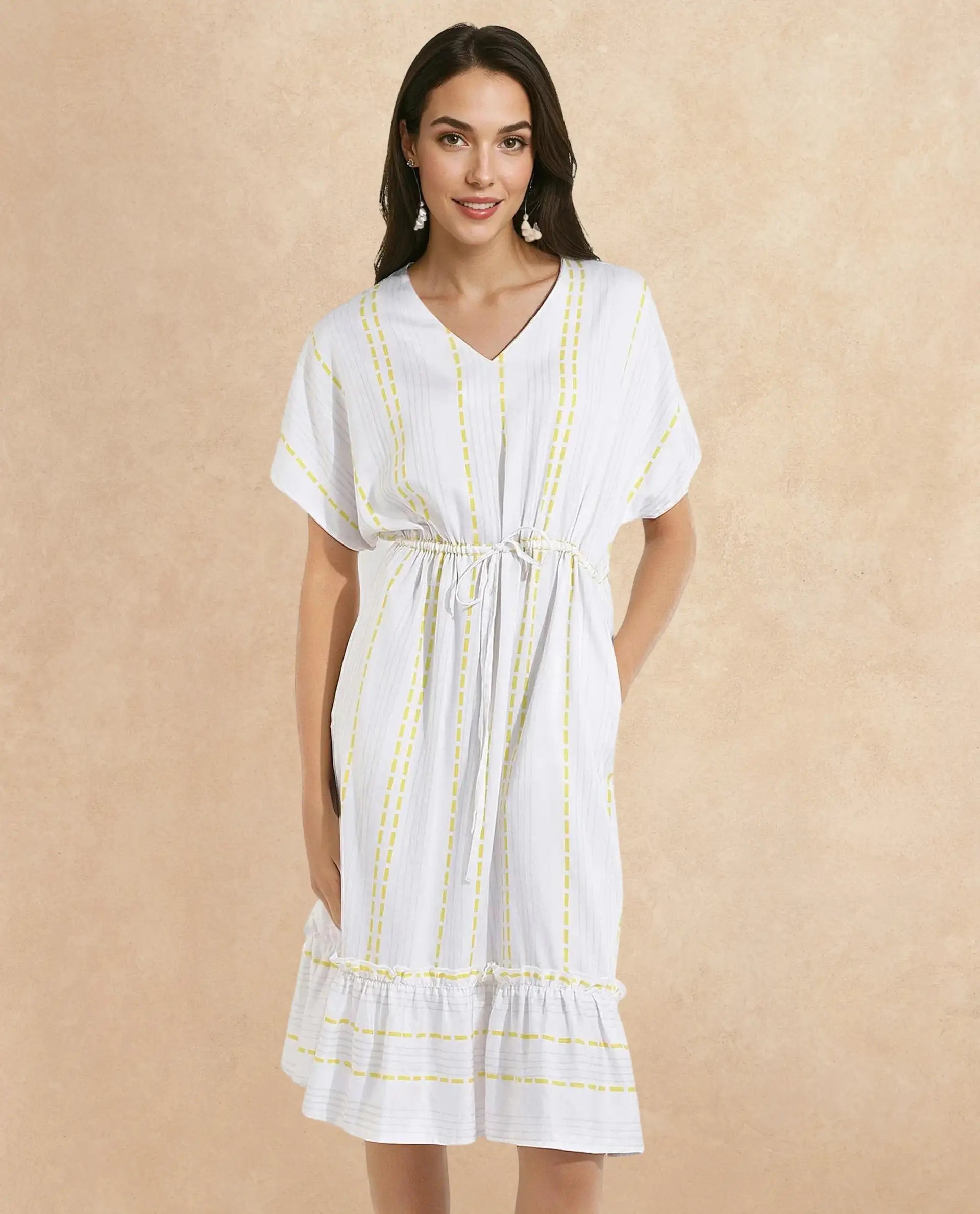 Rareism Women's Oxaca White  V-Neck Tie-Up Closure Extended Sleeve Striped Fit And Flare Knee Length Dress