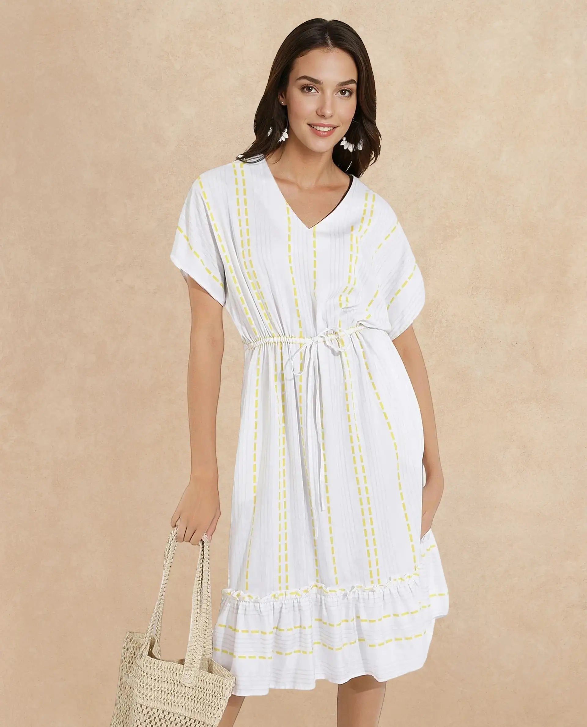 Rareism Women's Oxaca White  V-Neck Tie-Up Closure Extended Sleeve Striped Fit And Flare Knee Length Dress