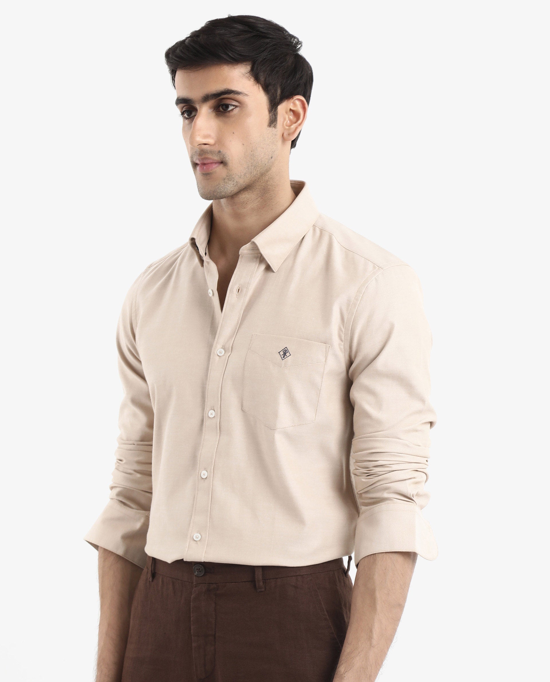 Rare Rabbit Men's Oxfom Beige Cotton Polyester Fabric Full Sleeves Button Down Collar Regular Fit Plain Formal Shirt