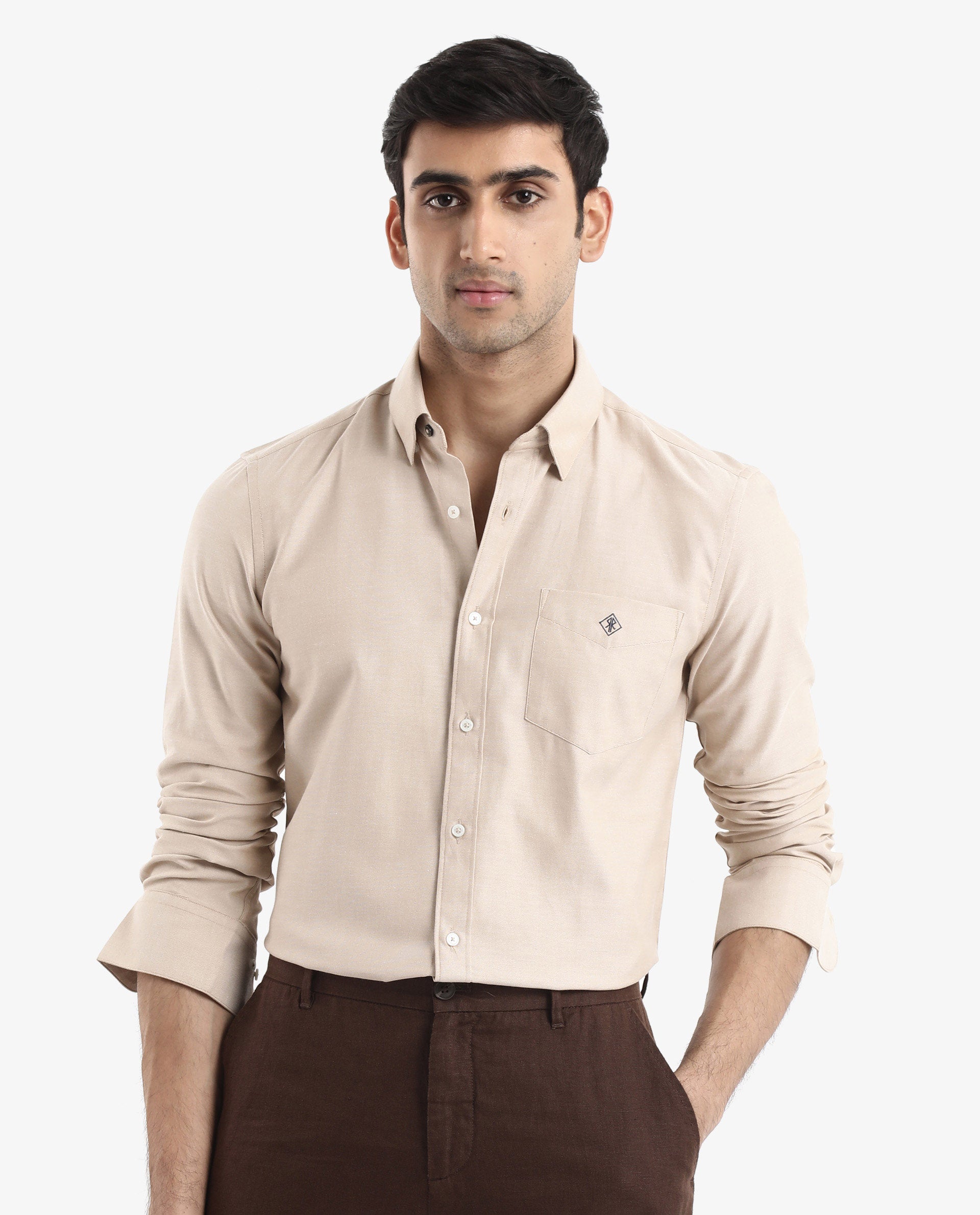 Rare Rabbit Men's Oxfom Beige Cotton Polyester Fabric Full Sleeves Button Down Collar Regular Fit Plain Formal Shirt