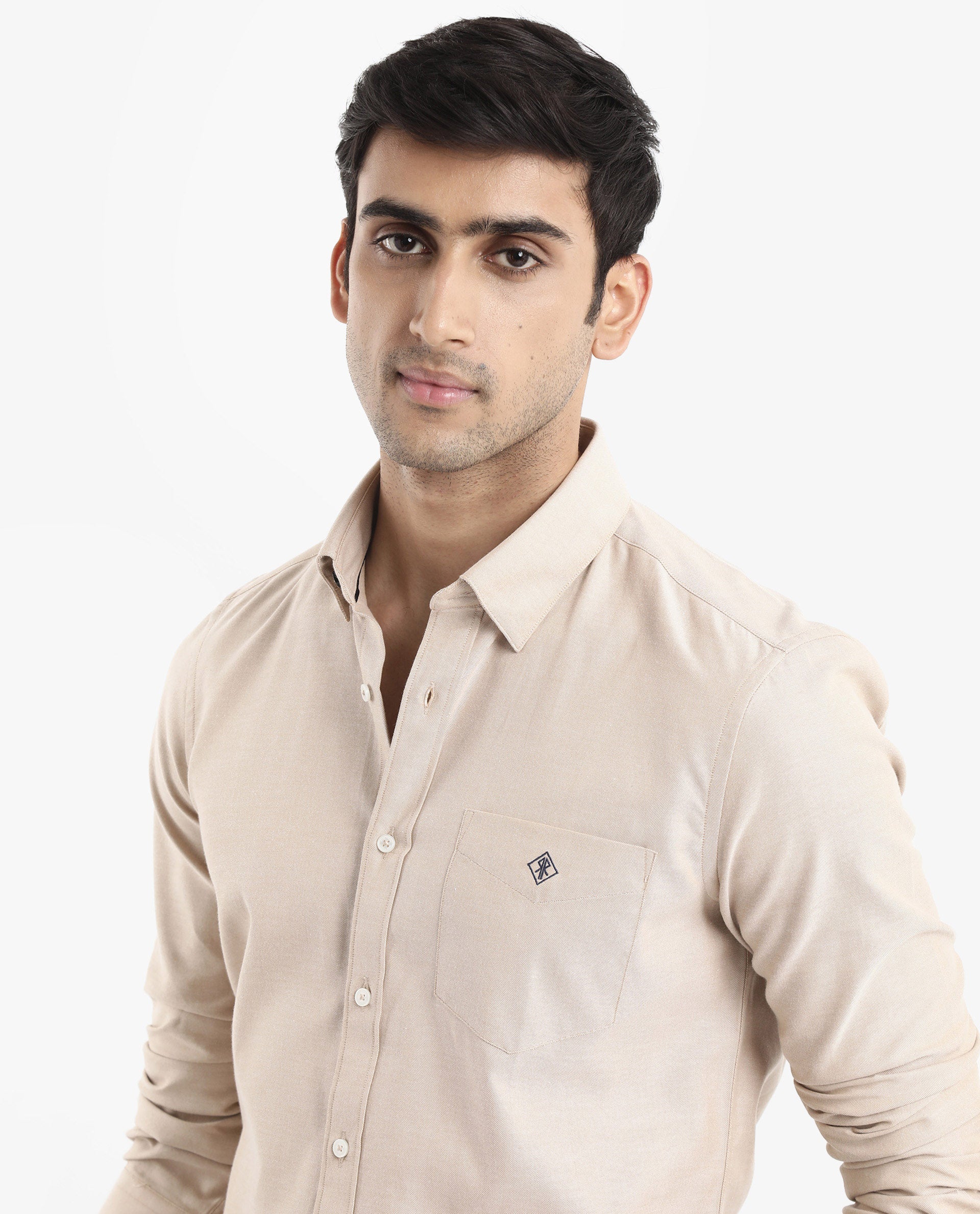 Rare Rabbit Men's Oxfom Beige Cotton Polyester Fabric Full Sleeves Button Down Collar Regular Fit Plain Formal Shirt