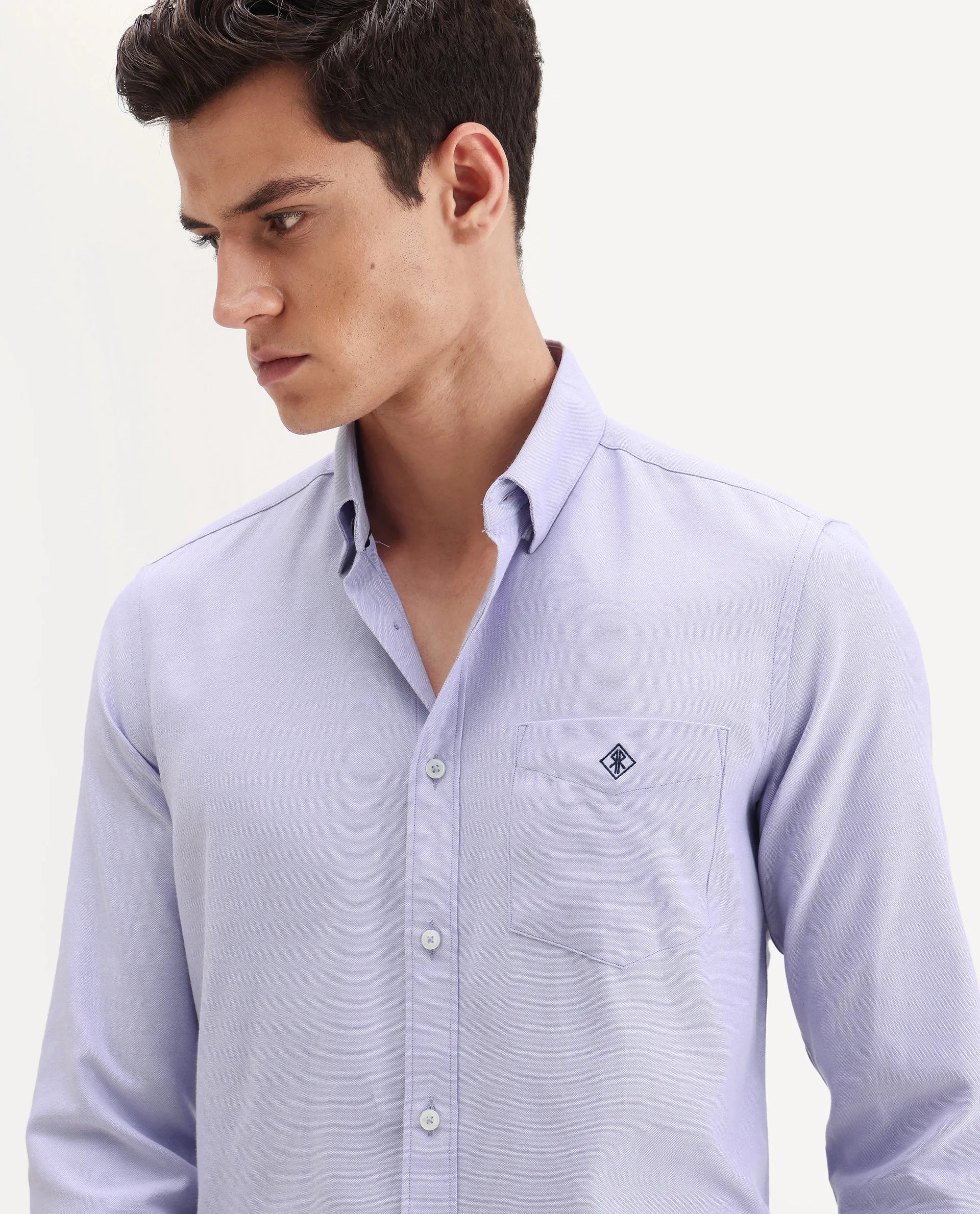 Rare Rabbit Men's Oxfom Light Purple Cotton Embroidered Regular Fit Full Sleeve Collared Shirt