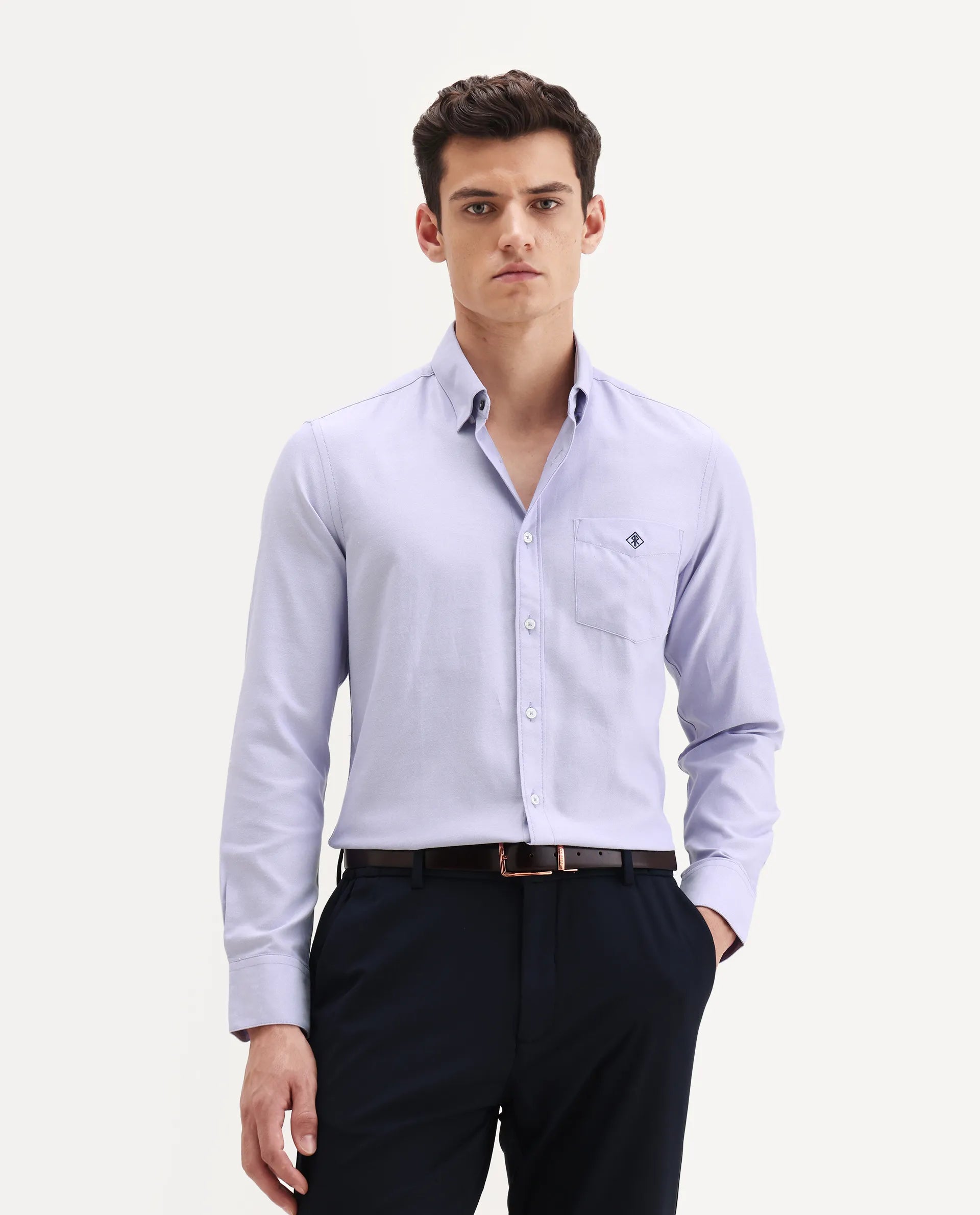 Rare Rabbit Men's Oxfom Light Purple Cotton Embroidered Regular Fit Full Sleeve Collared Shirt