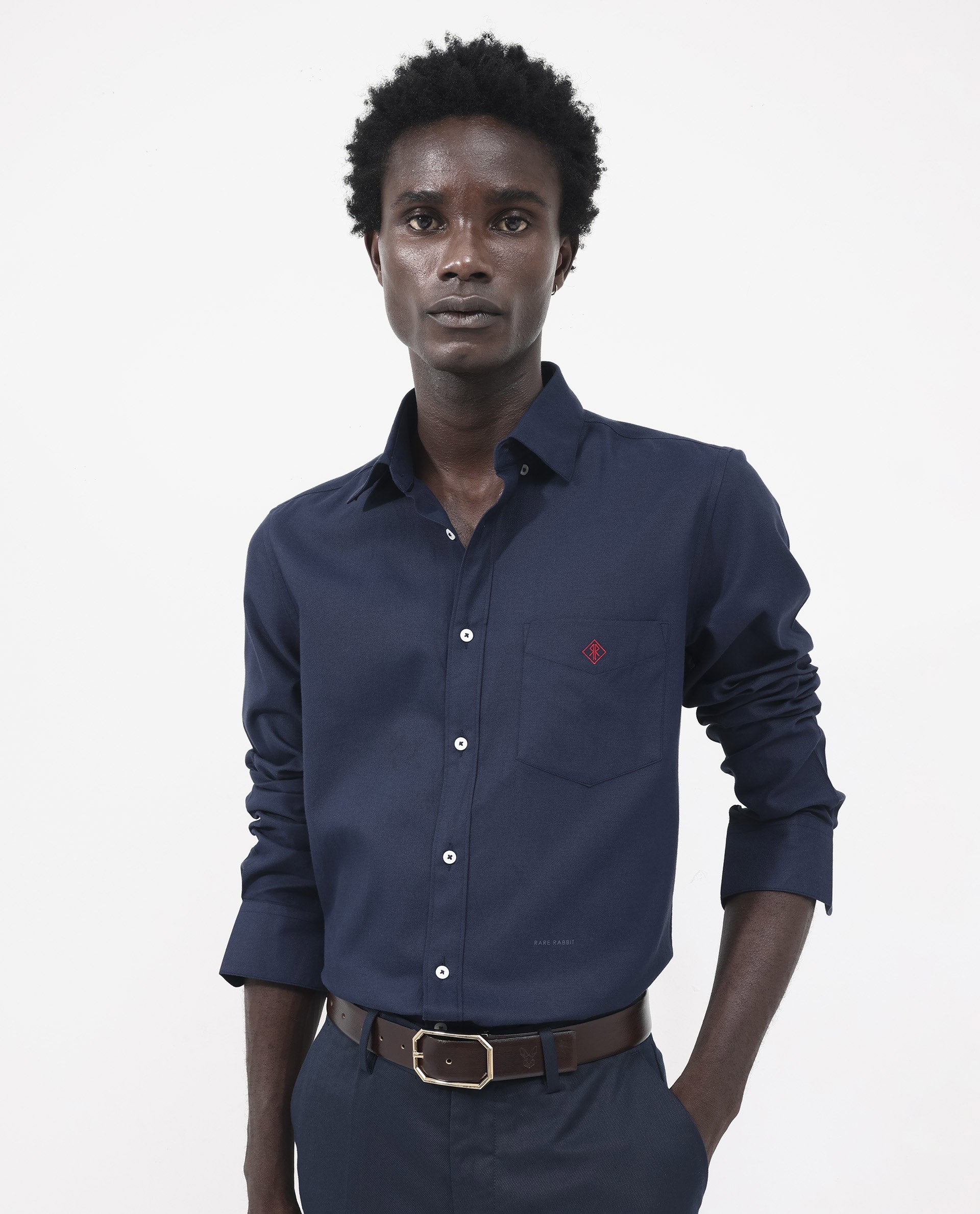 Rare Rabbit Men's Oxfom Navy Cotton Embroidered Regular Fit Full Sleev