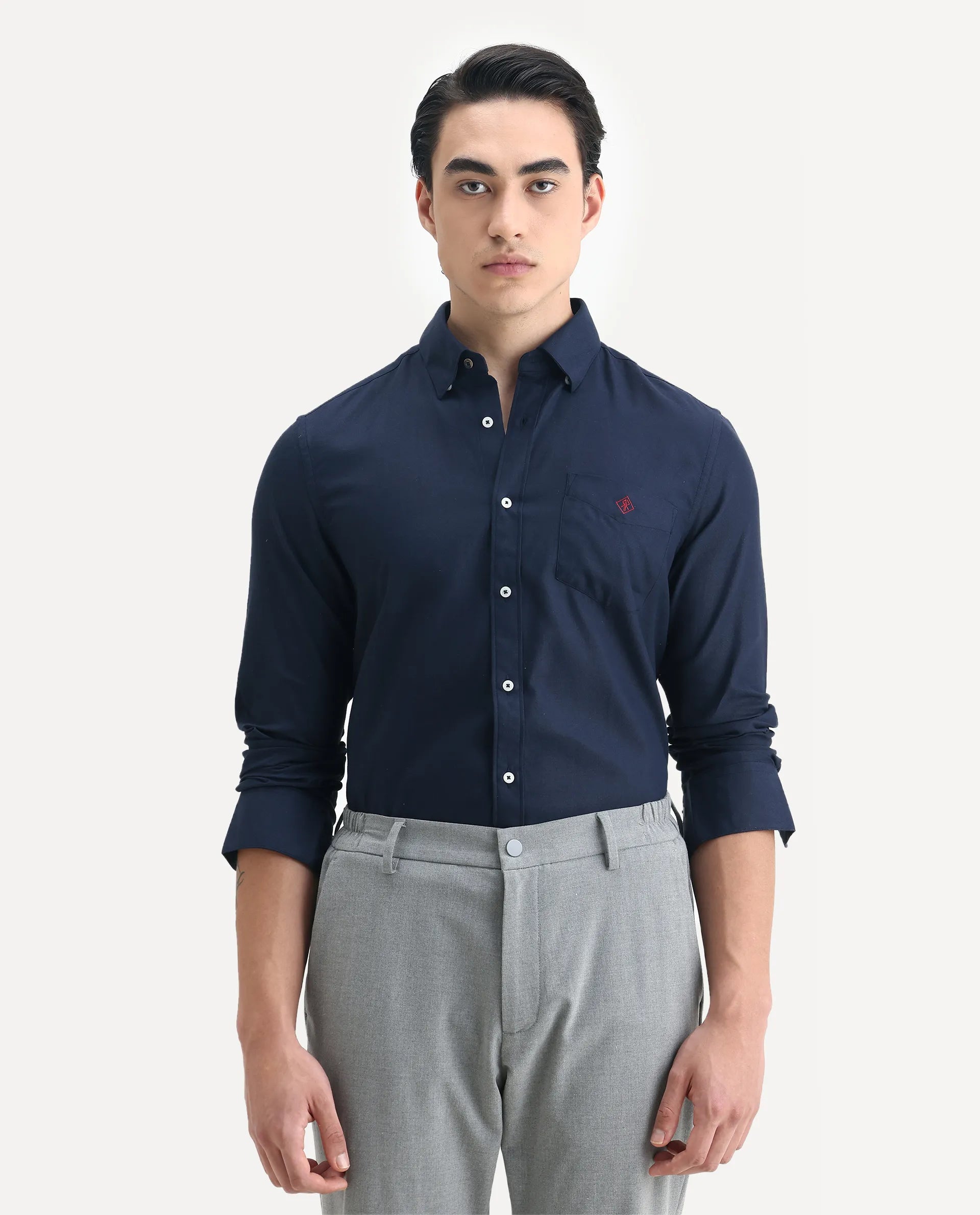 Rare Rabbit Men's Oxfom Navy Cotton Embroidered Regular Fit Full Sleeve Collared Shirt