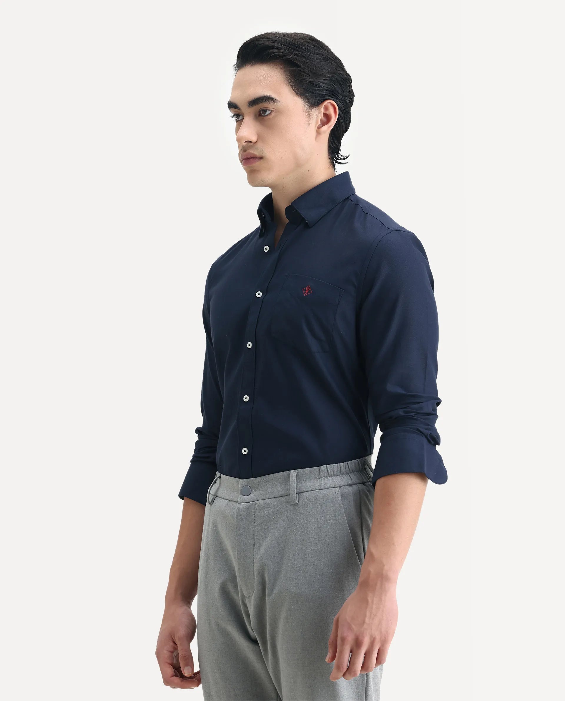 Rare Rabbit Men's Oxfom Navy Cotton Embroidered Regular Fit Full Sleeve Collared Shirt