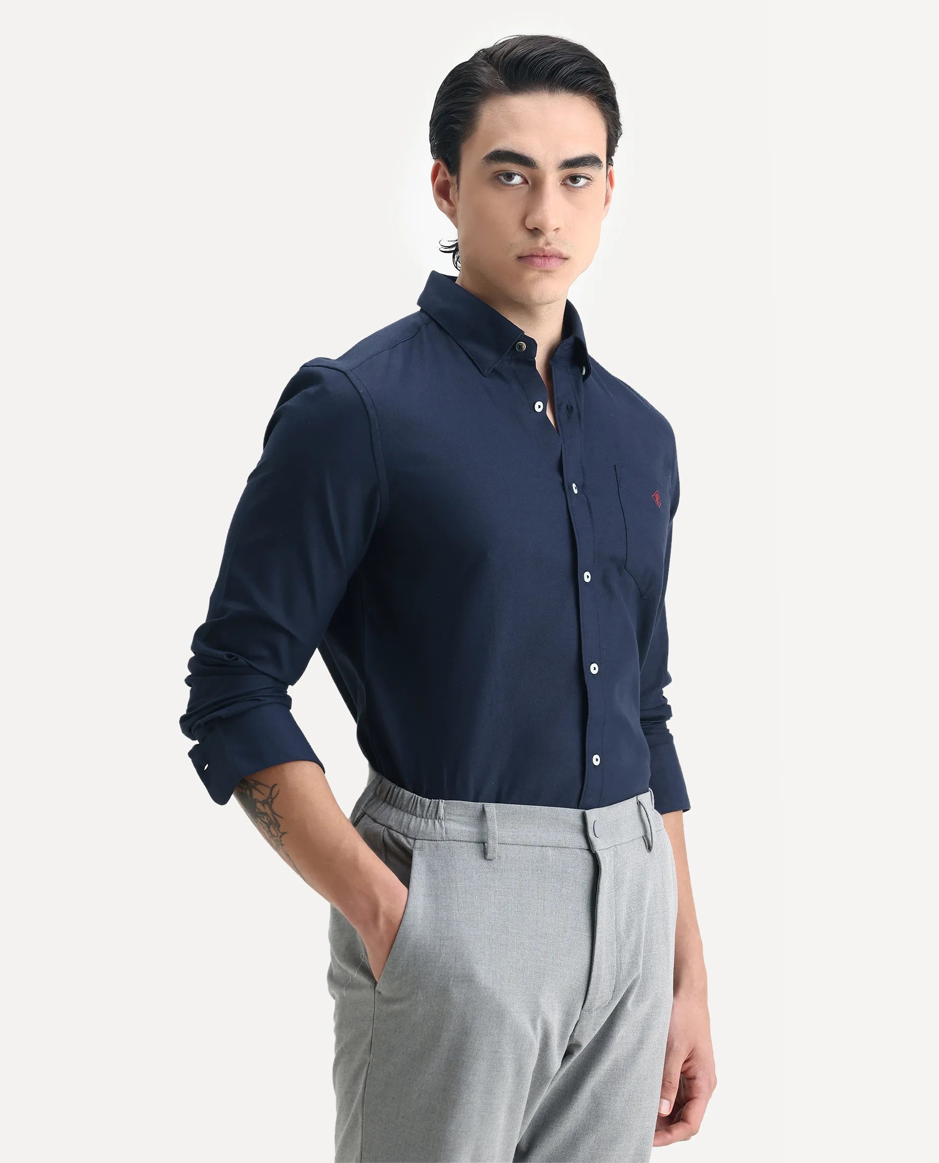 Rare Rabbit Men's Oxfom Navy Cotton Embroidered Regular Fit Full Sleeve Collared Shirt