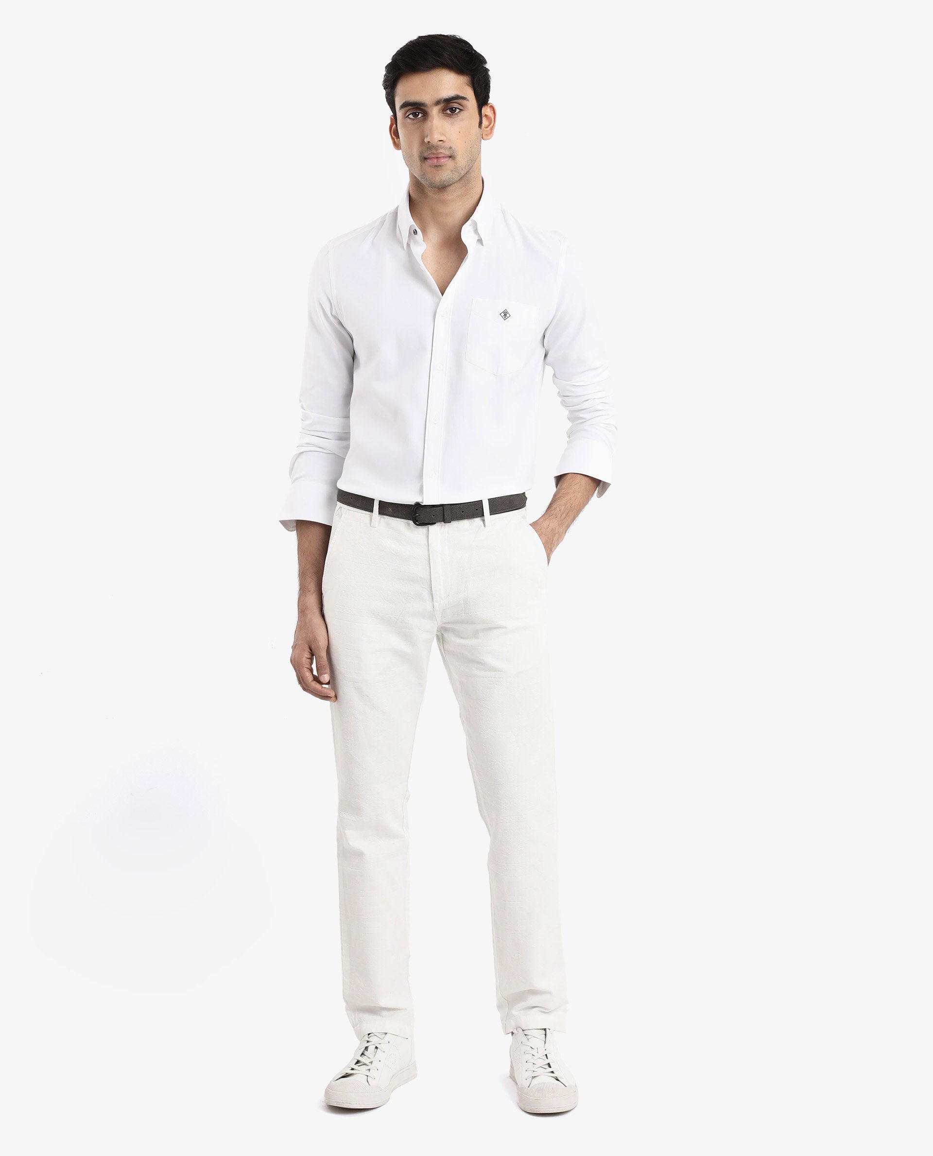 Rare Rabbit Men's Oxfom White Cotton Polyester Fabric Full Sleeves Button Down Collar Regular Fit Plain Formal Shirt