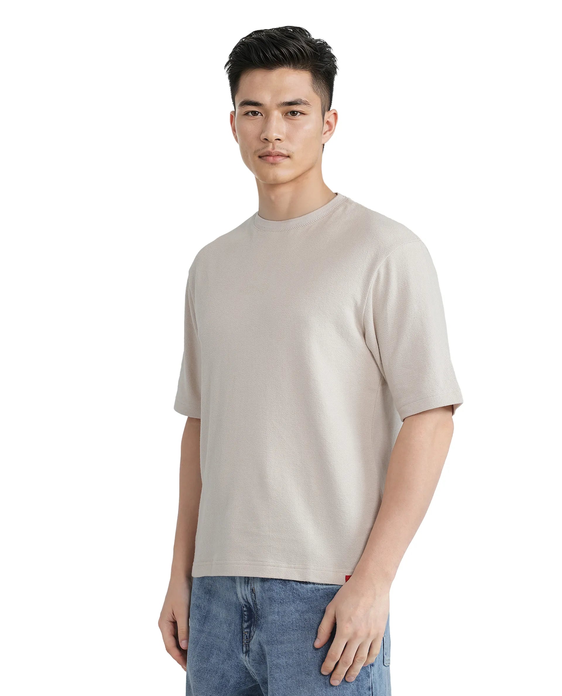 Rare Rabbit Men Oxi Beige Cotton Fabric Short Sleeve Crew Neck Textured HD Print T-Shirt