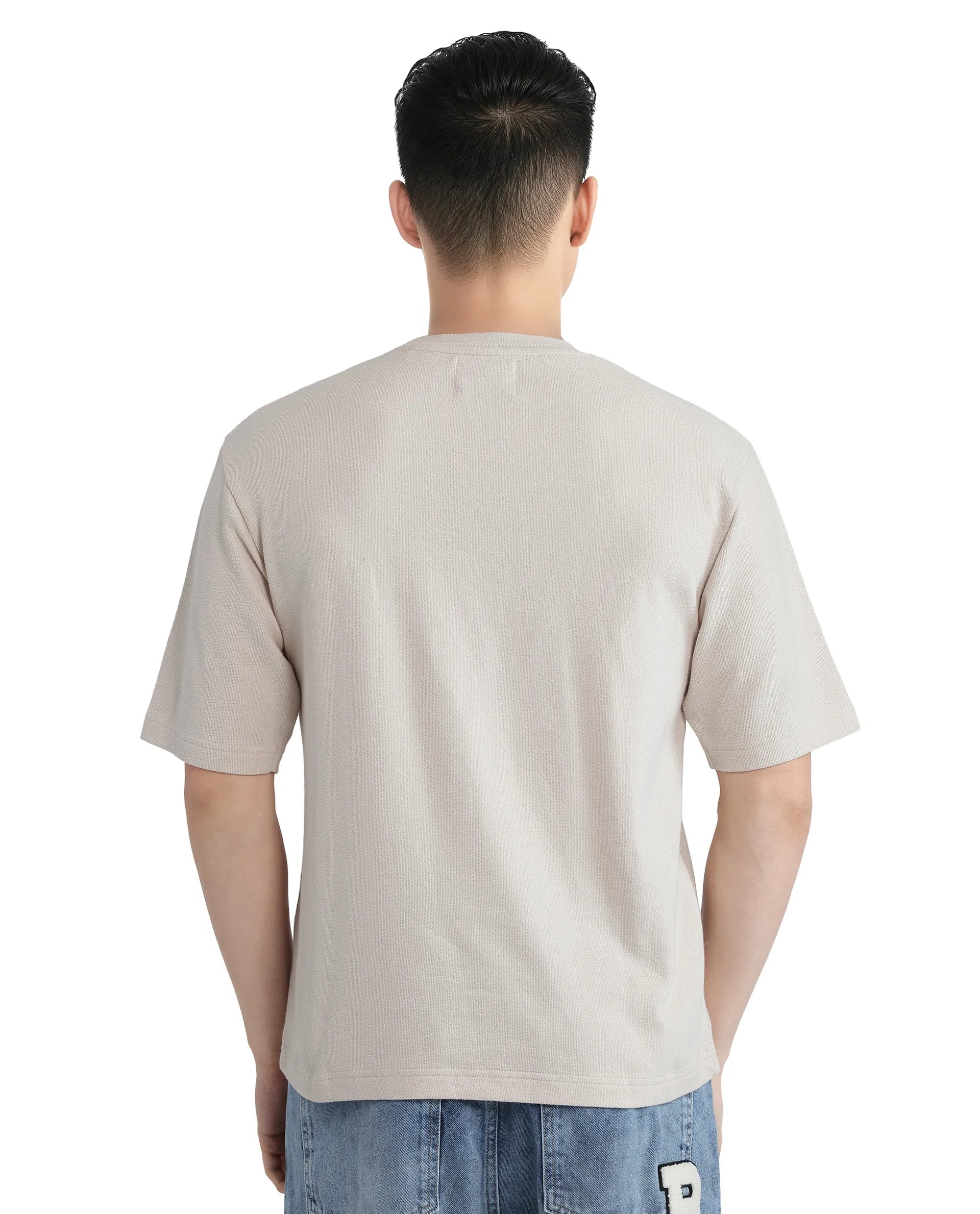 Rare Rabbit Men Oxi Beige Cotton Fabric Short Sleeve Crew Neck Textured HD Print T-Shirt