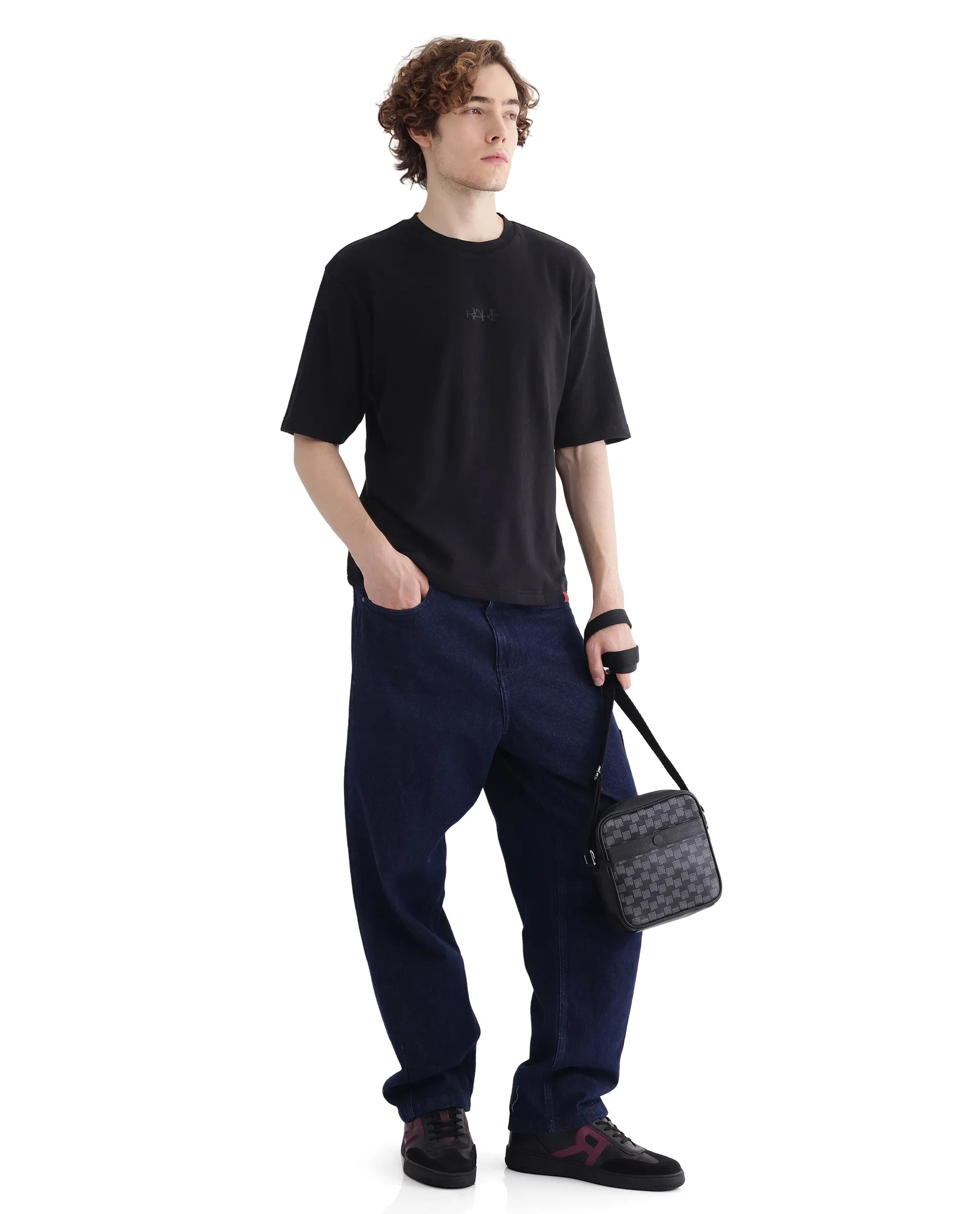 Rare Rabbit Men Oxi Black Cotton Fabric Short Sleeve Crew Neck Textured HD Print T-Shirt