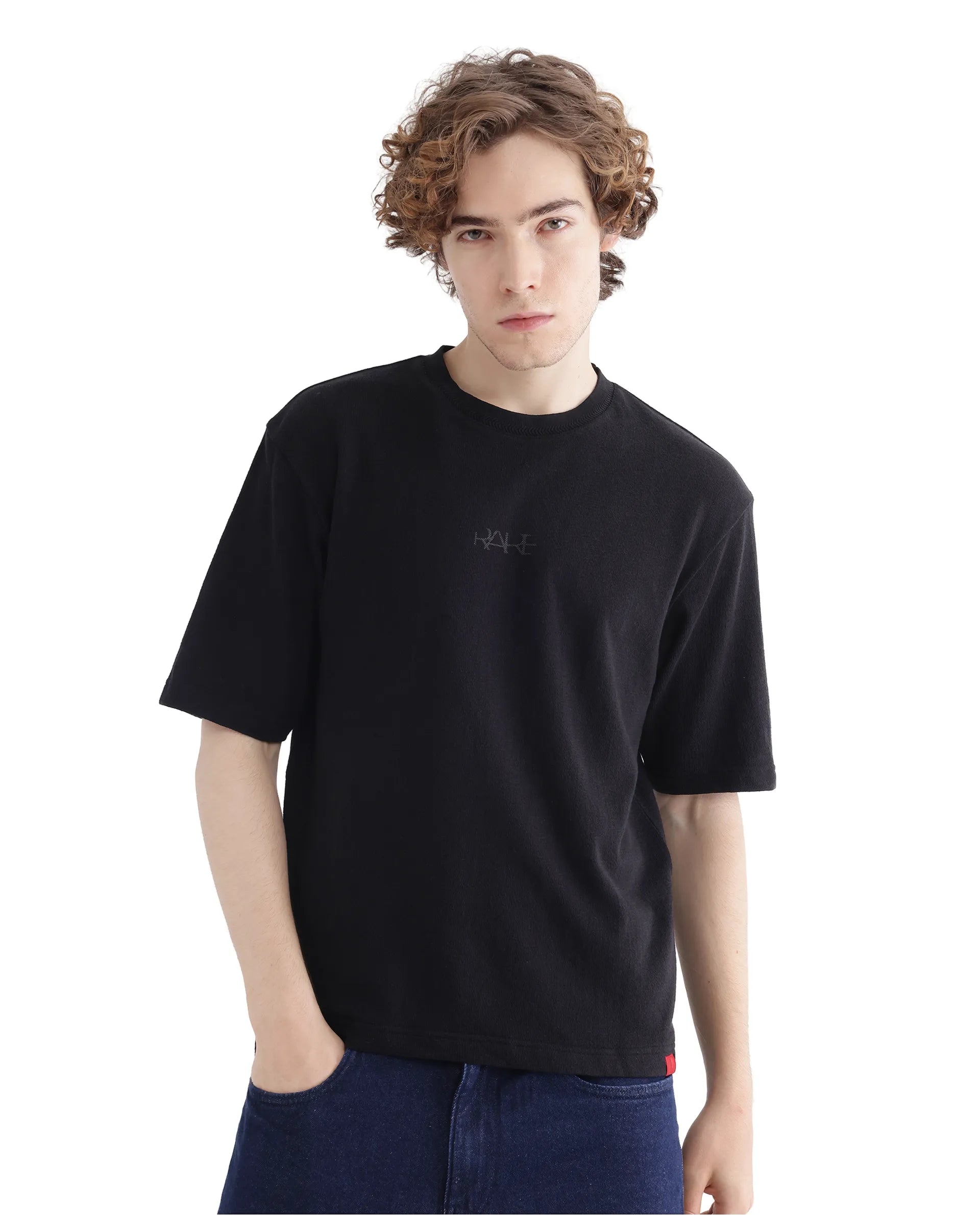 Rare Rabbit Men Oxi Black Cotton Fabric Short Sleeve Crew Neck Textured HD Print T-Shirt