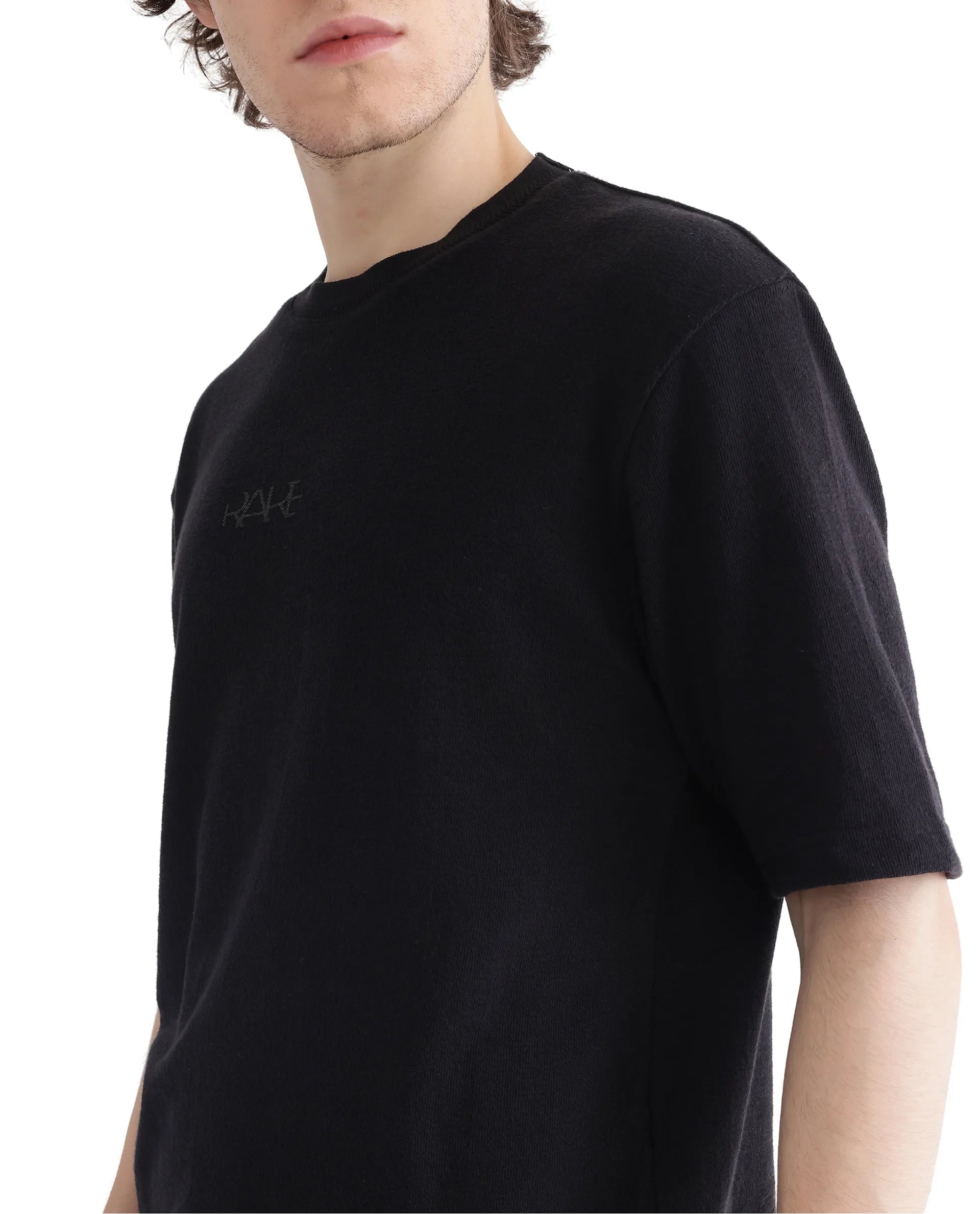 Rare Rabbit Men Oxi Black Cotton Fabric Short Sleeve Crew Neck Textured HD Print T-Shirt