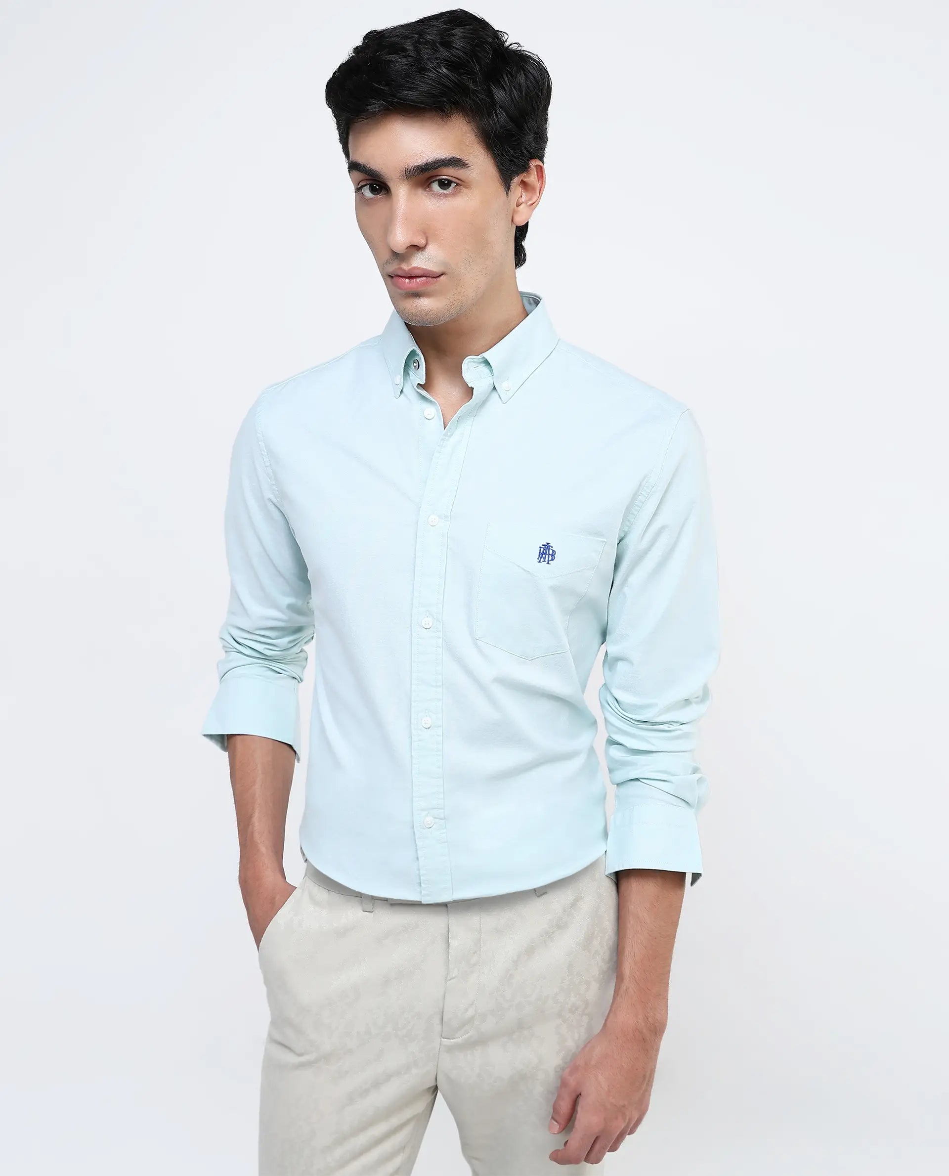 Rare Rabbit Men Oxob Pastel Green Full Sleeve Collared Neck Button Closure Regular Fit Plain Shirt