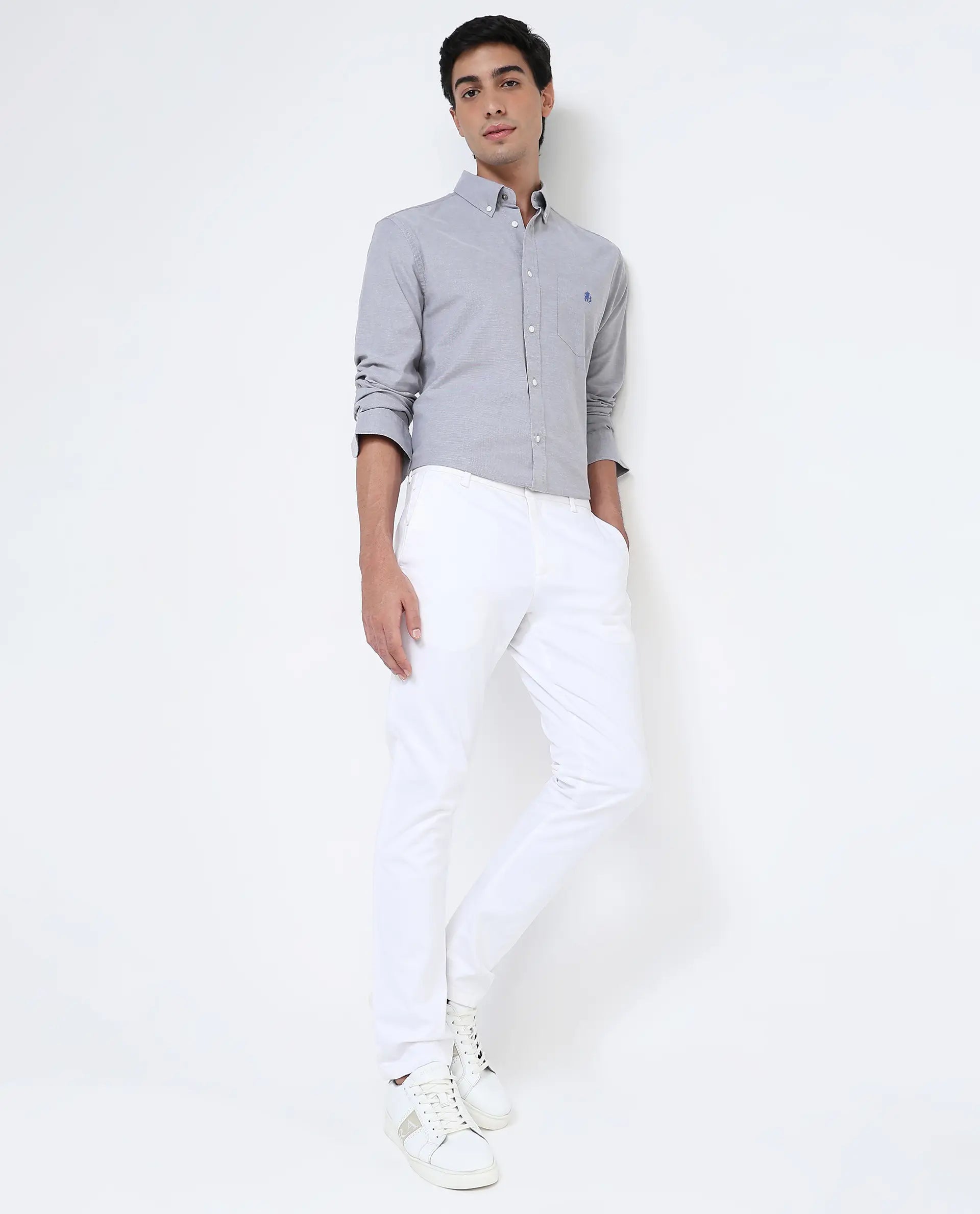 Rare Rabbit Men Oxo Grey Full Sleeve Collared Neck Button Closure Regular Fit Plain Shirt