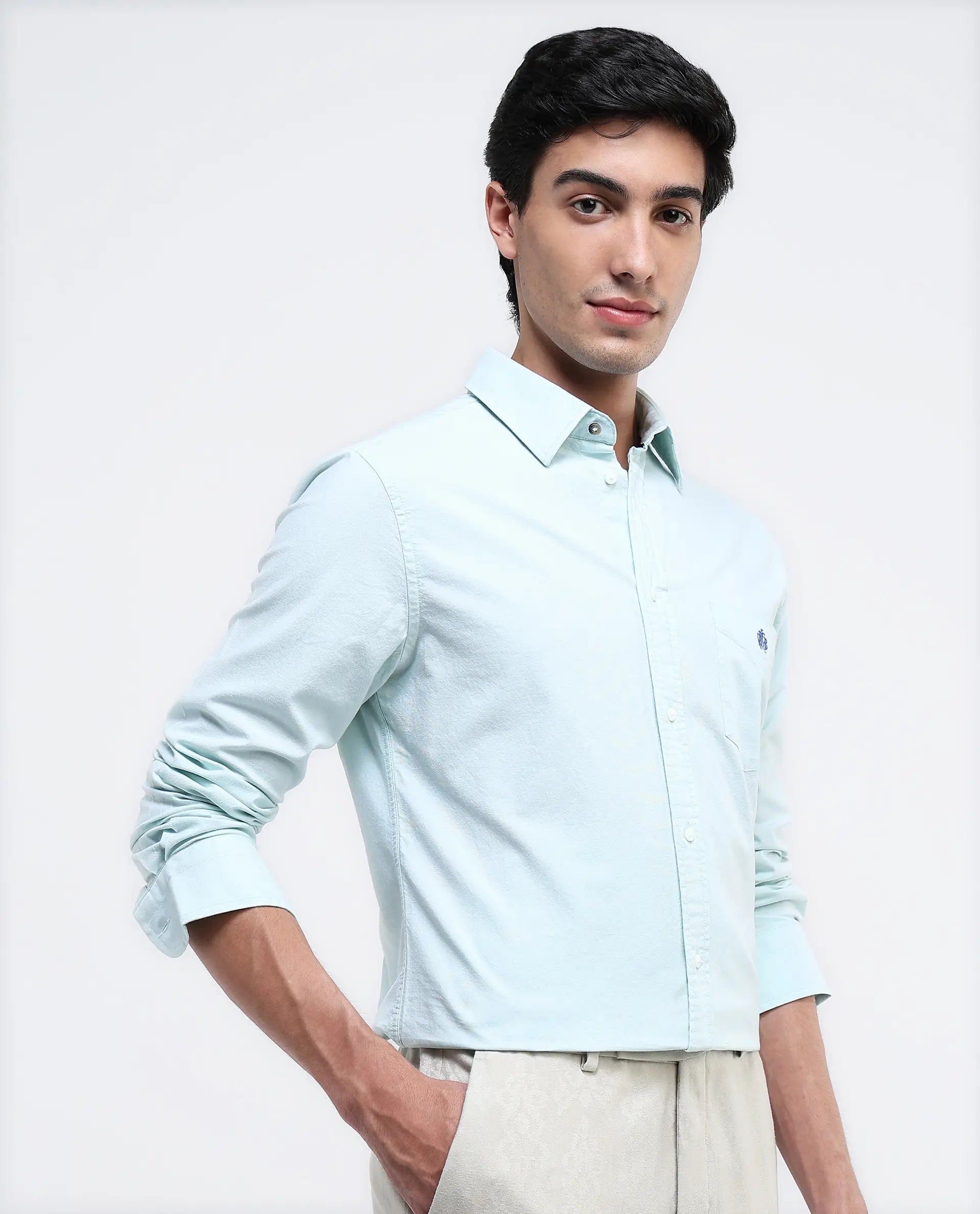 Rare Rabbit Men Oxo Pastel Green Full Sleeve Collared Neck Button Closure Regular Fit Plain Shirt