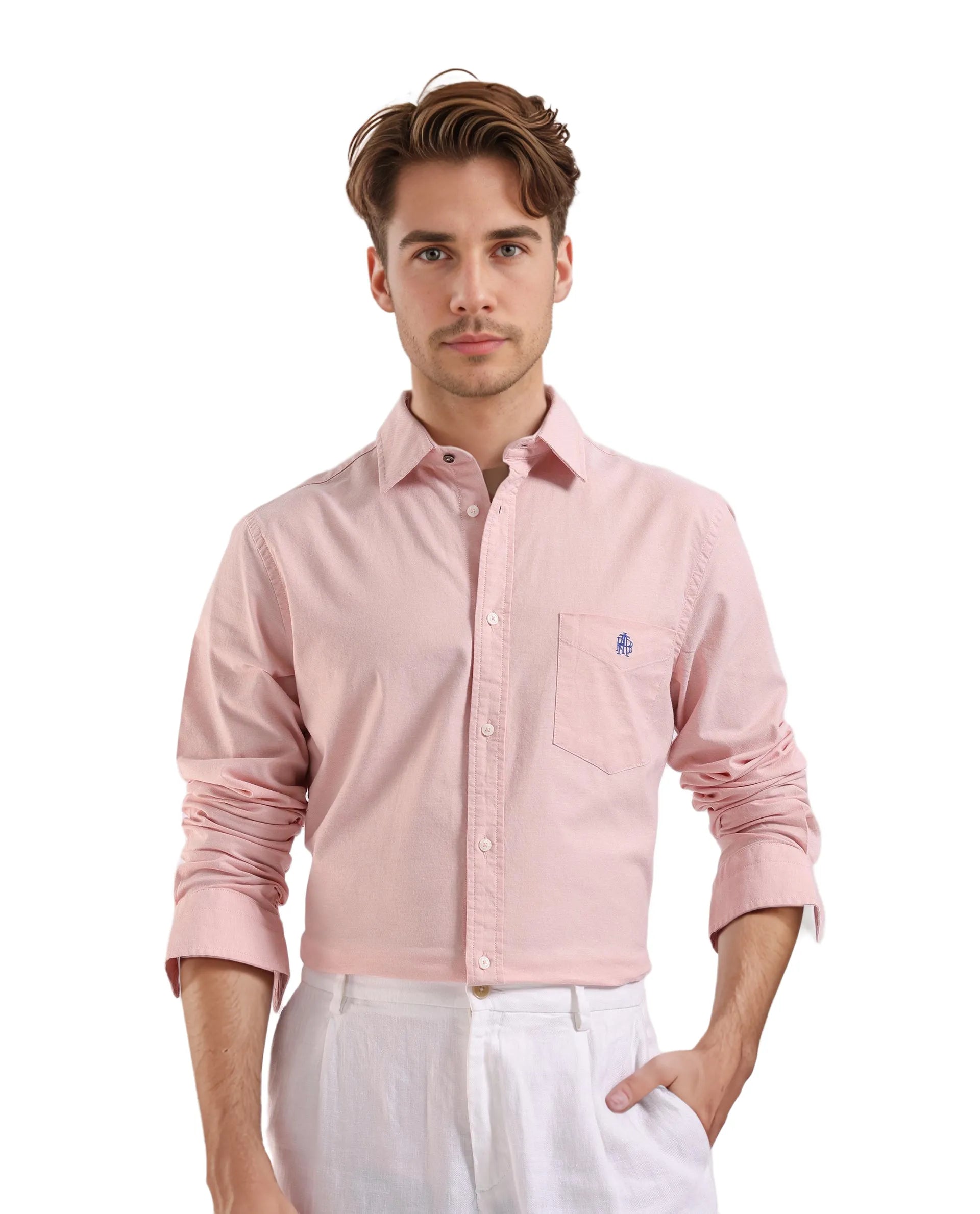 Rare Rabbit Men Oxo Pastel Peach Full Sleeve Collared Neck Button Closure Regular Fit Plain Shirt