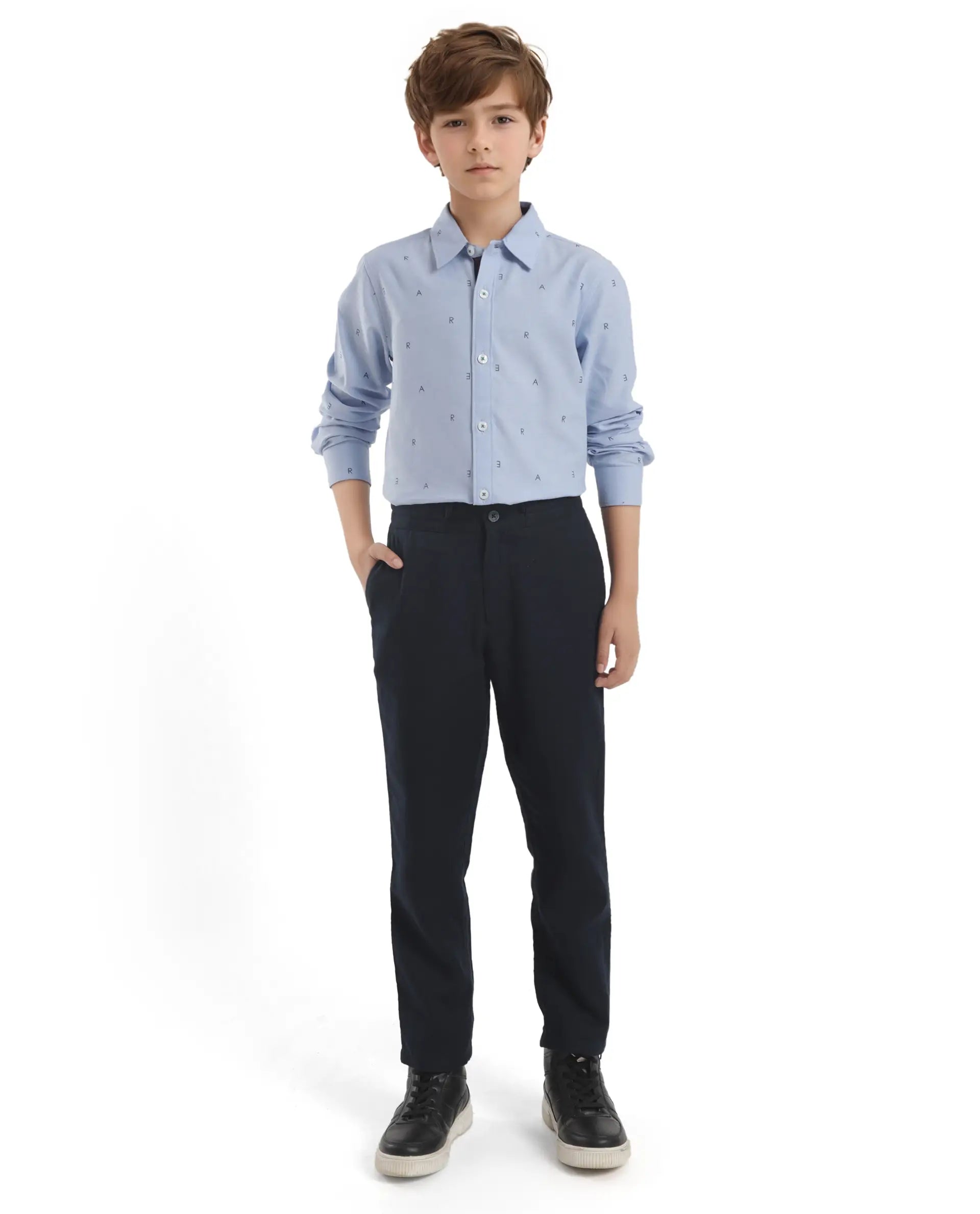 Rare Ones Kids Oxot Blue Cotton Full Sleeves Regular Collar All Over Print Regular Fit Shirt