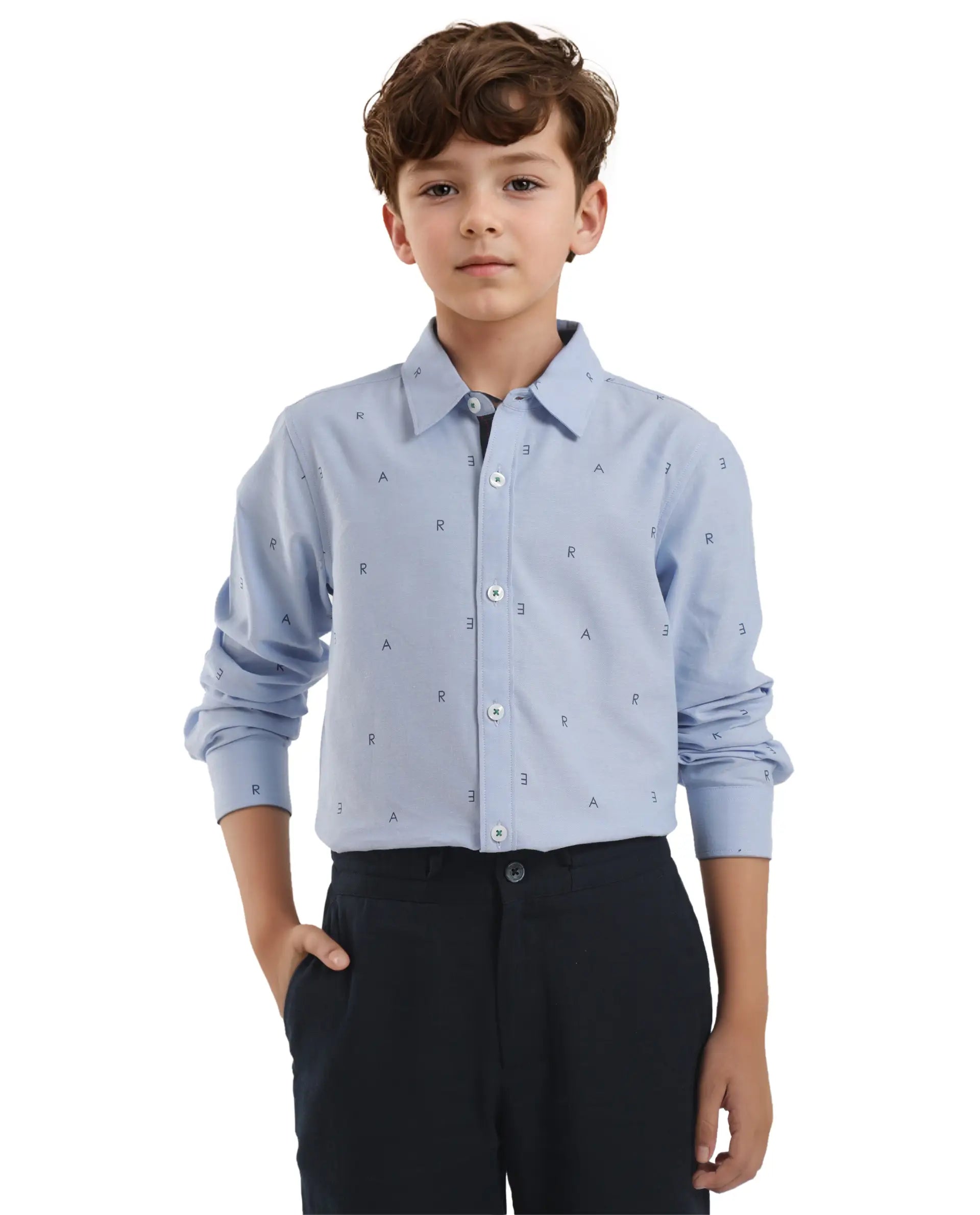 Rare Ones Kids Oxot Blue Cotton Full Sleeves Regular Collar All Over Print Regular Fit Shirt
