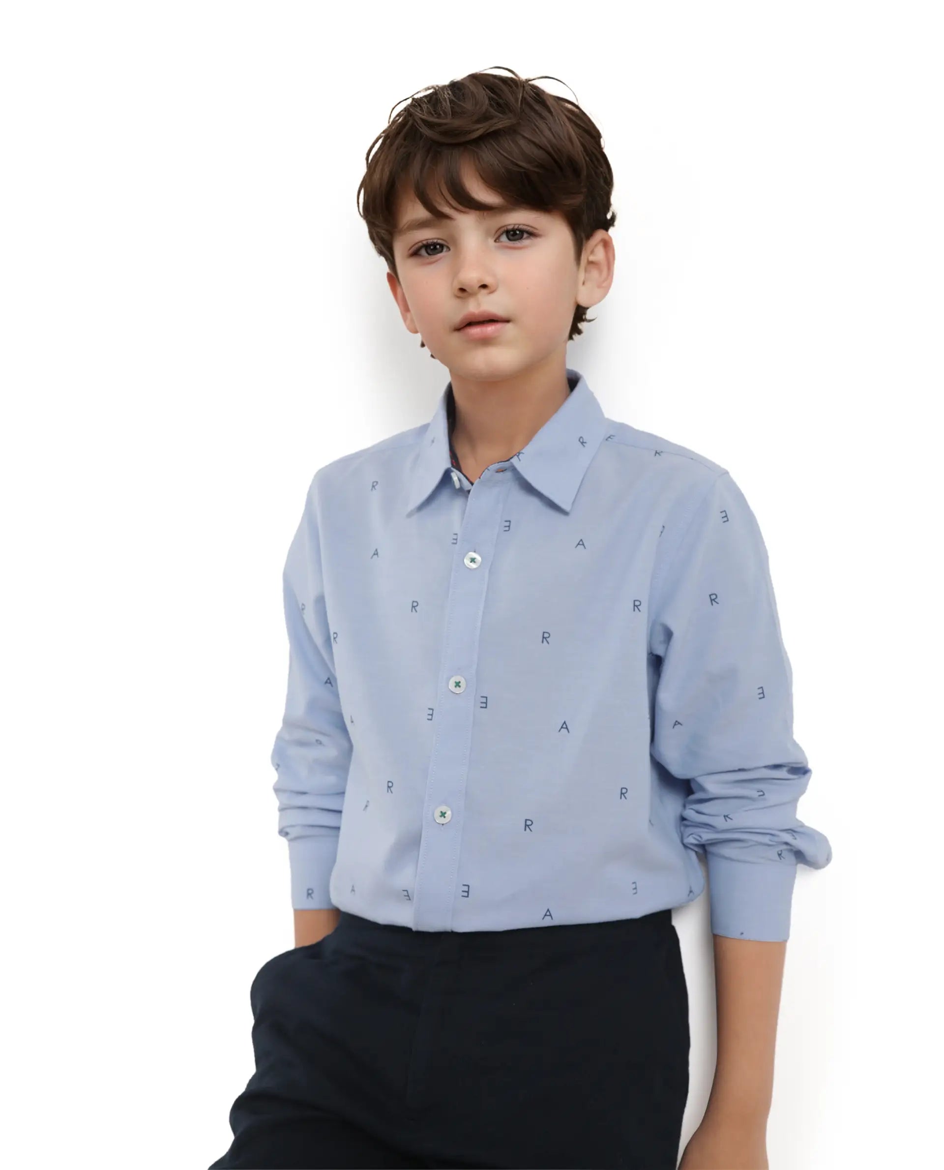 Rare Ones Kids Oxot Blue Cotton Full Sleeves Regular Collar All Over Print Regular Fit Shirt