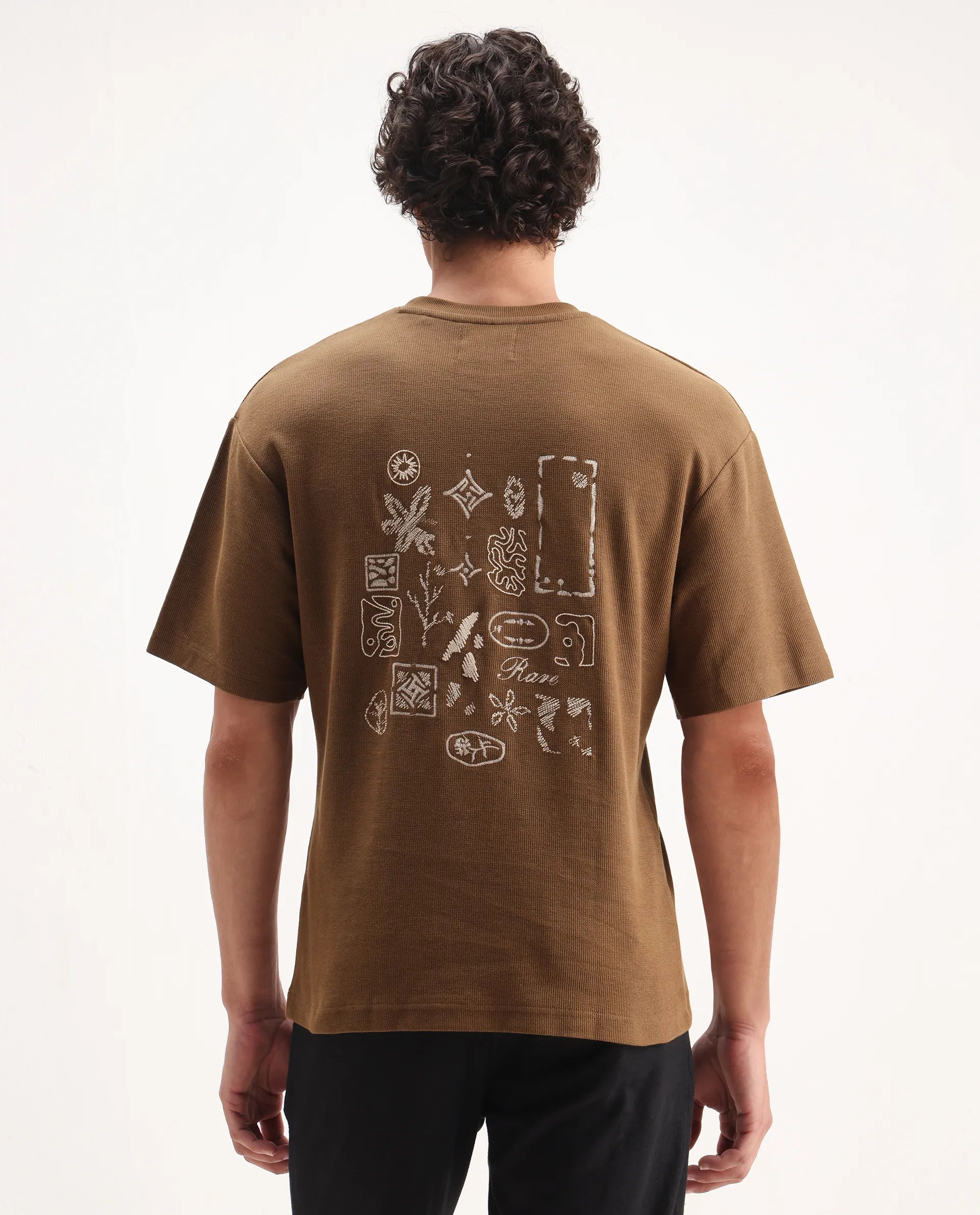 Rare Rabbit Men's Oxot Dusky Olive Cotton Embroidered Oversized Fit Half Sleeve Crew Neck T-Shirt