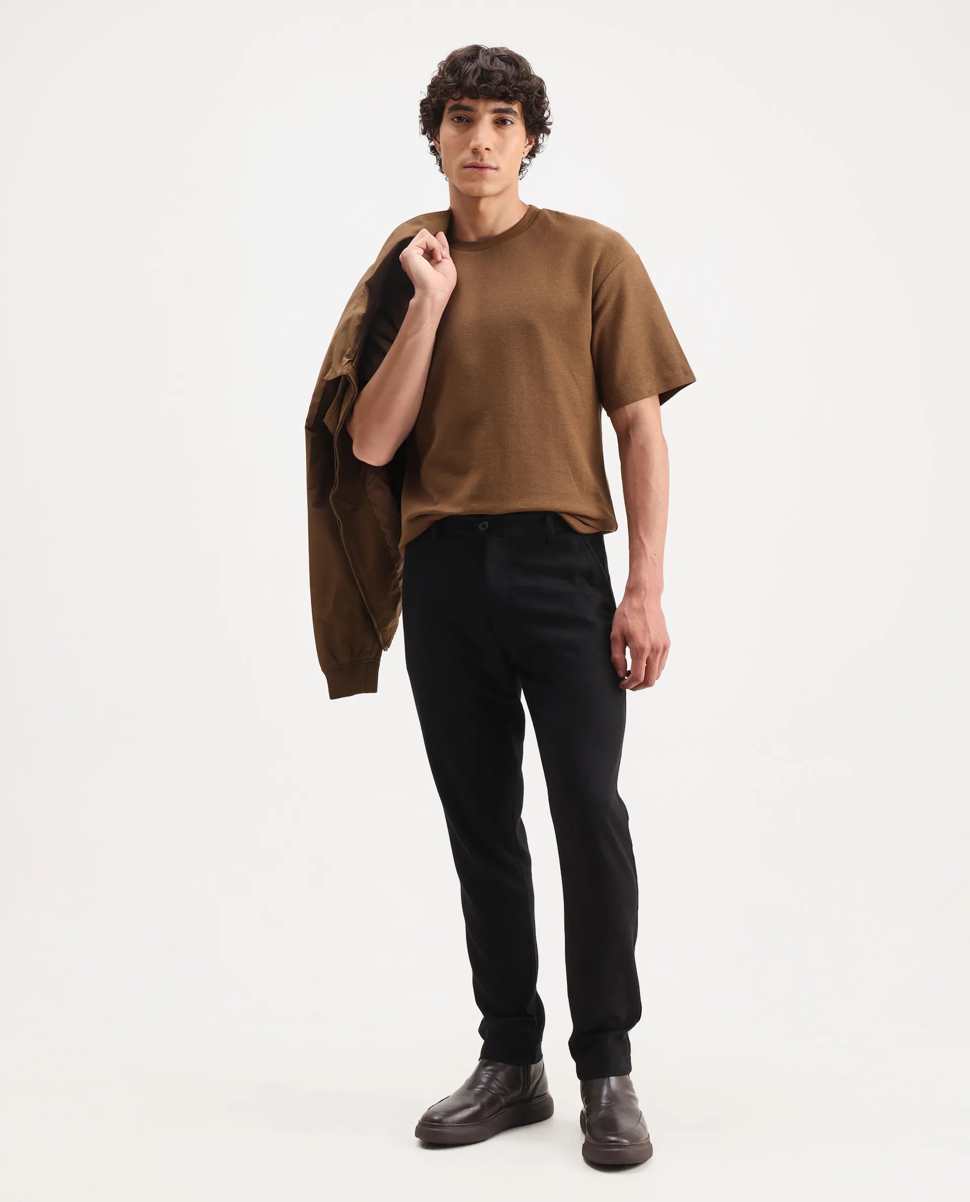 Rare Rabbit Men's Oxot Dusky Olive Cotton Embroidered Oversized Fit Half Sleeve Crew Neck T-Shirt