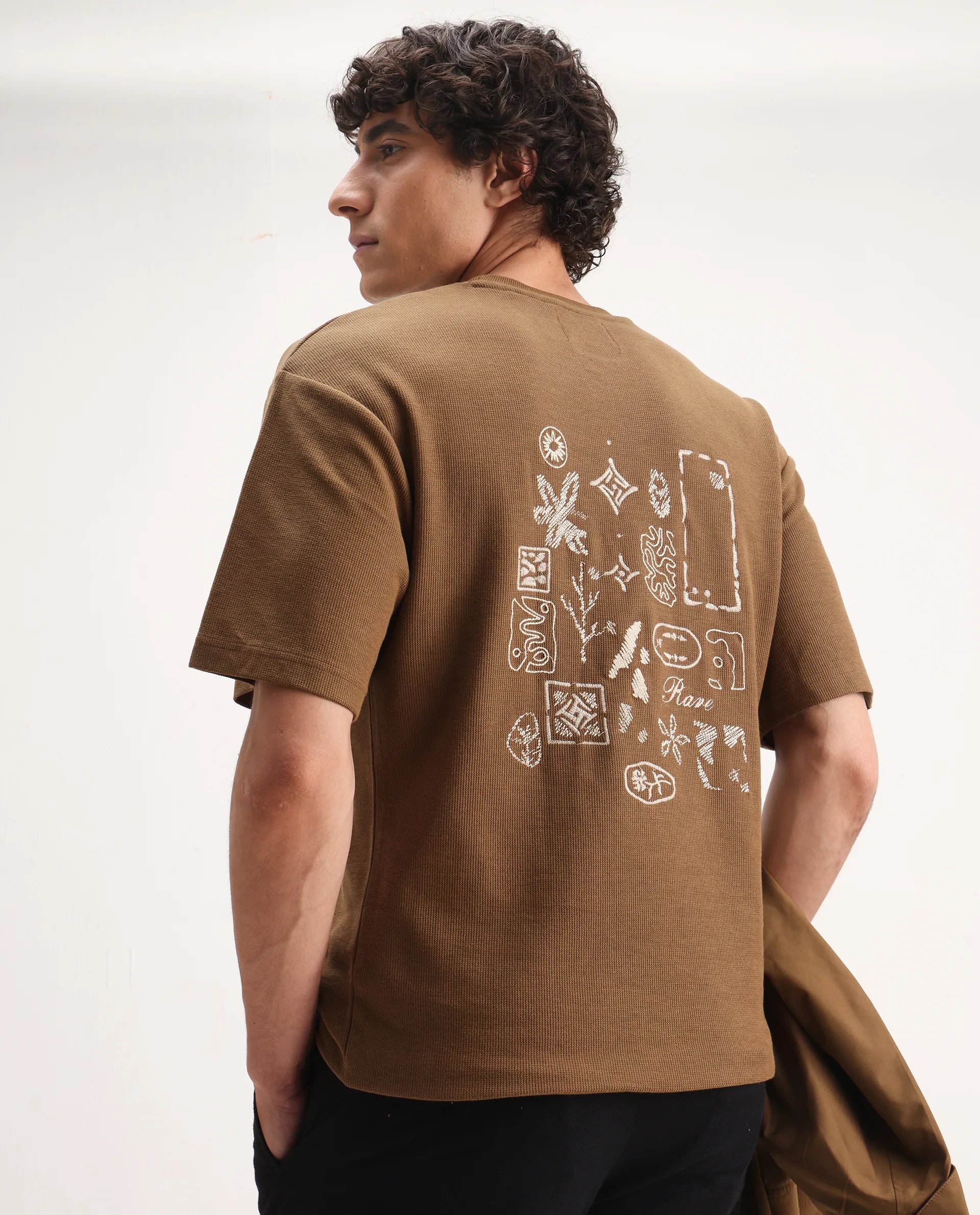 Rare Rabbit Men's Oxot Dusky Olive Cotton Embroidered Oversized Fit Half Sleeve Crew Neck T-Shirt