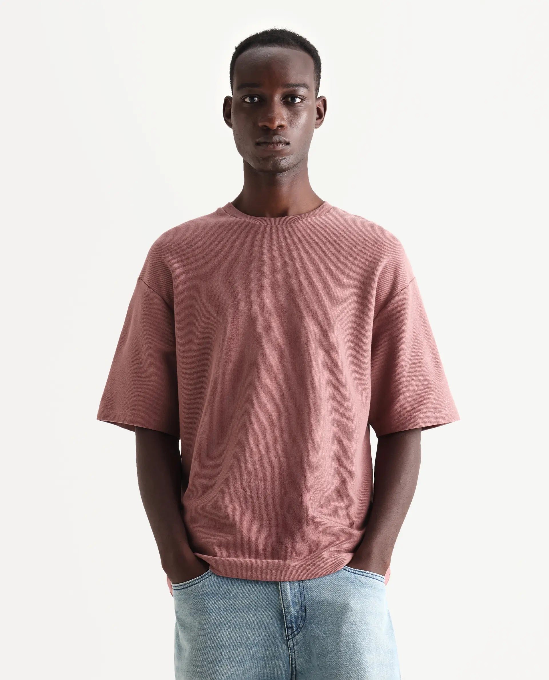 Rare Rabbit Men's Oxot Dusky Pink Cotton Embroidered Oversized Fit Half Sleeve Crew Neck T-Shirt