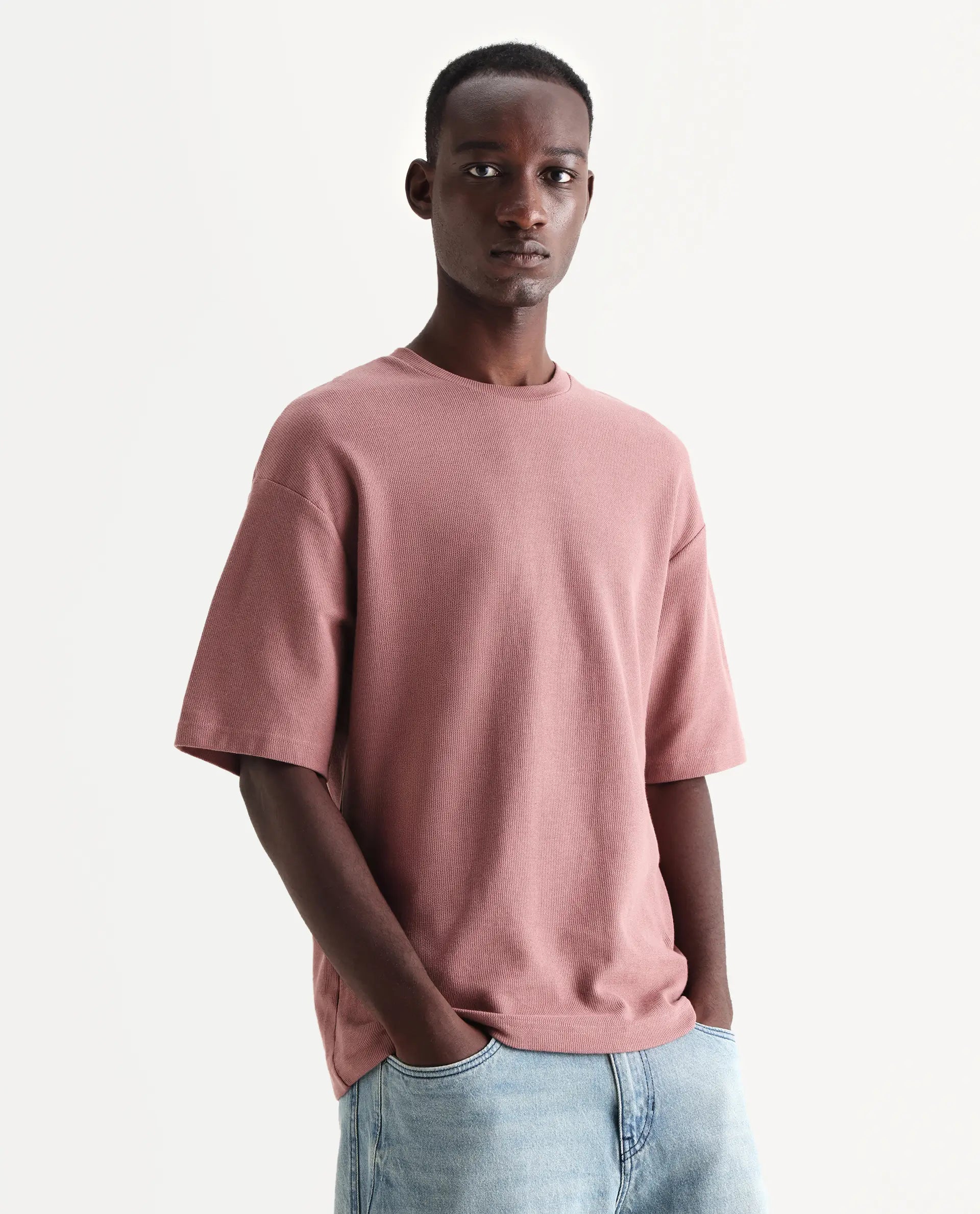 Rare Rabbit Men's Oxot Dusky Pink Cotton Embroidered Oversized Fit Half Sleeve Crew Neck T-Shirt