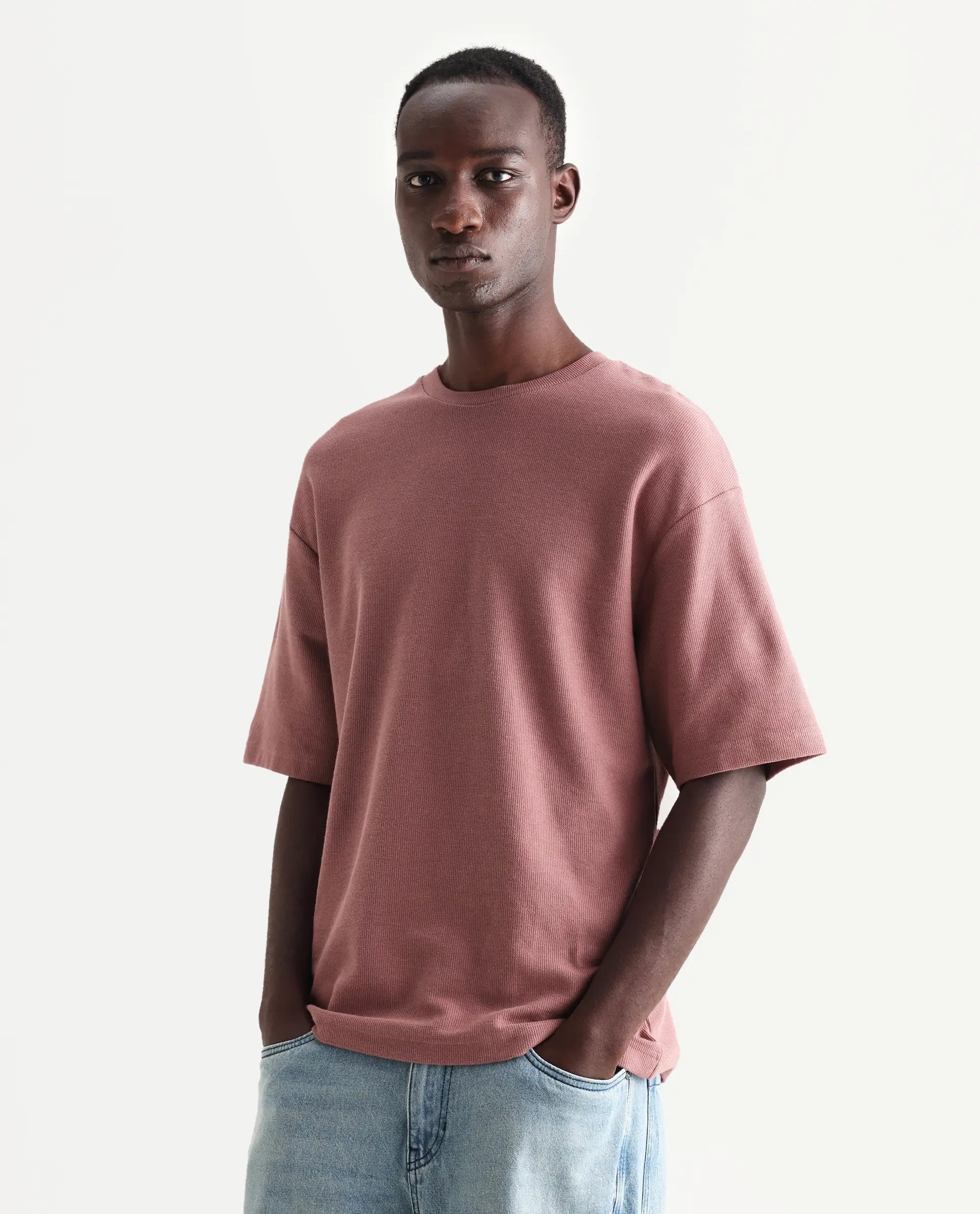 Rare Rabbit Men's Oxot Dusky Pink Cotton Embroidered Oversized Fit Half Sleeve Crew Neck T-Shirt