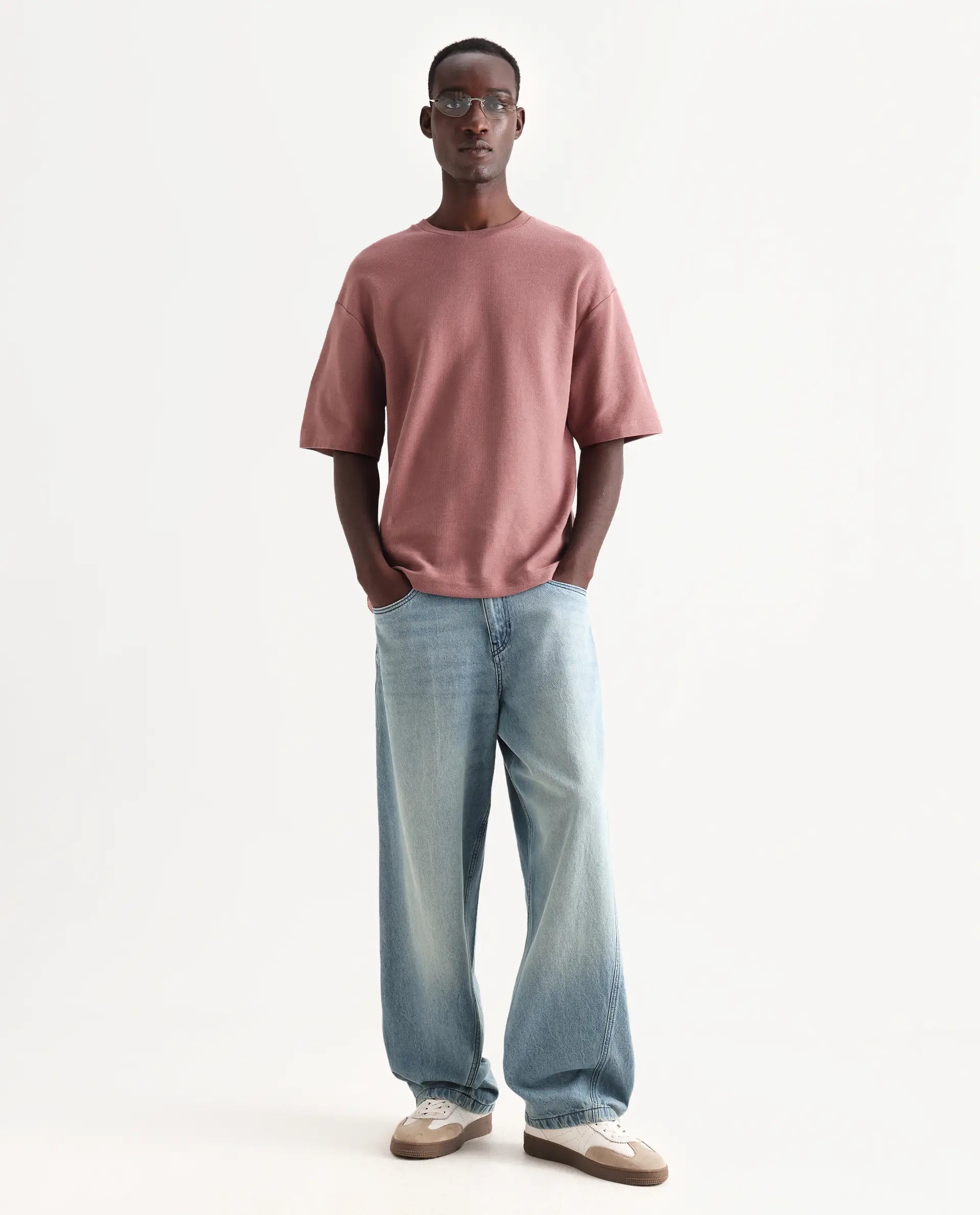 Rare Rabbit Men's Oxot Dusky Pink Cotton Embroidered Oversized Fit Half Sleeve Crew Neck T-Shirt