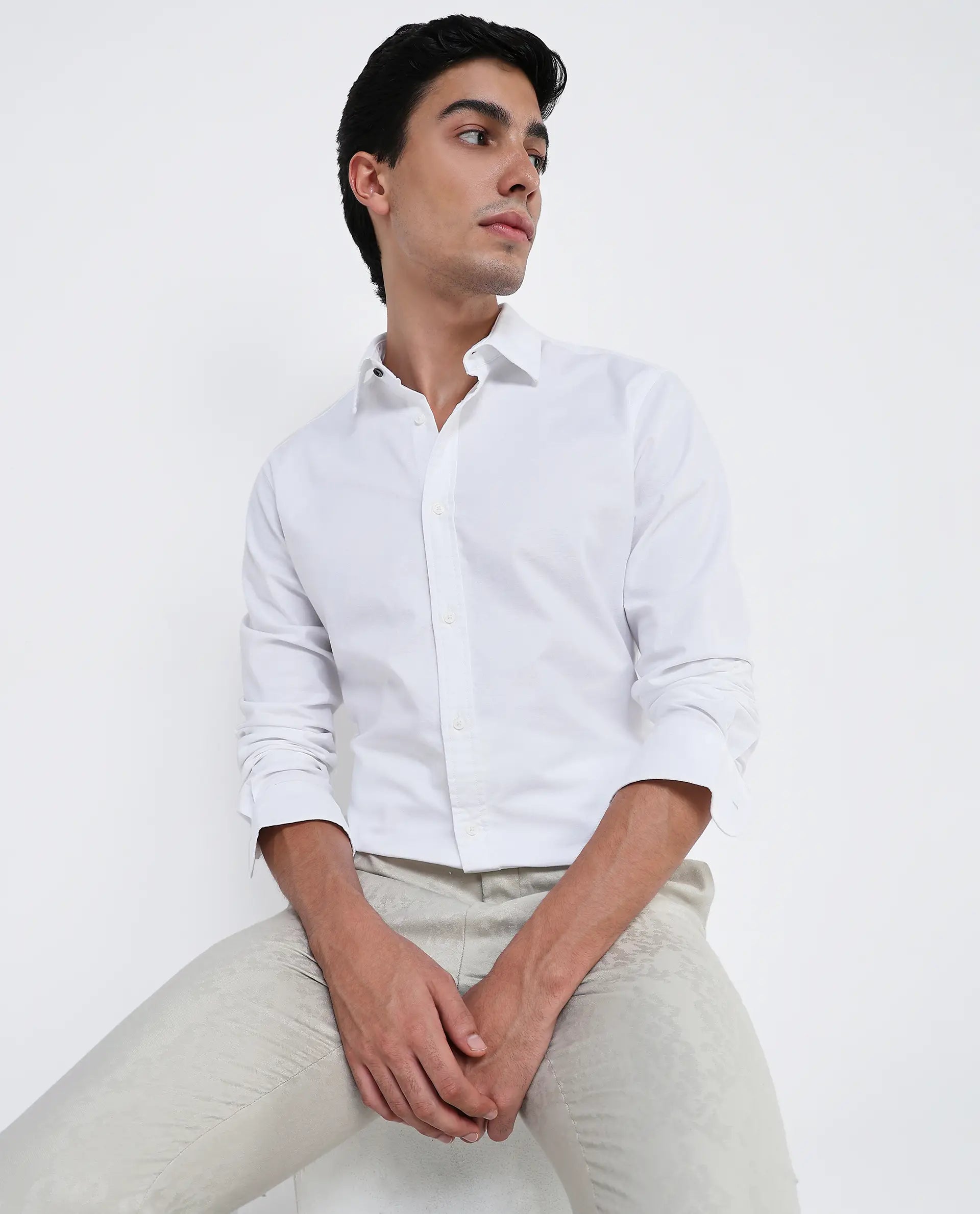 Rare Rabbit Men Oxo White Full Sleeve Collared Neck Button Closure Regular Fit Plain Shirt