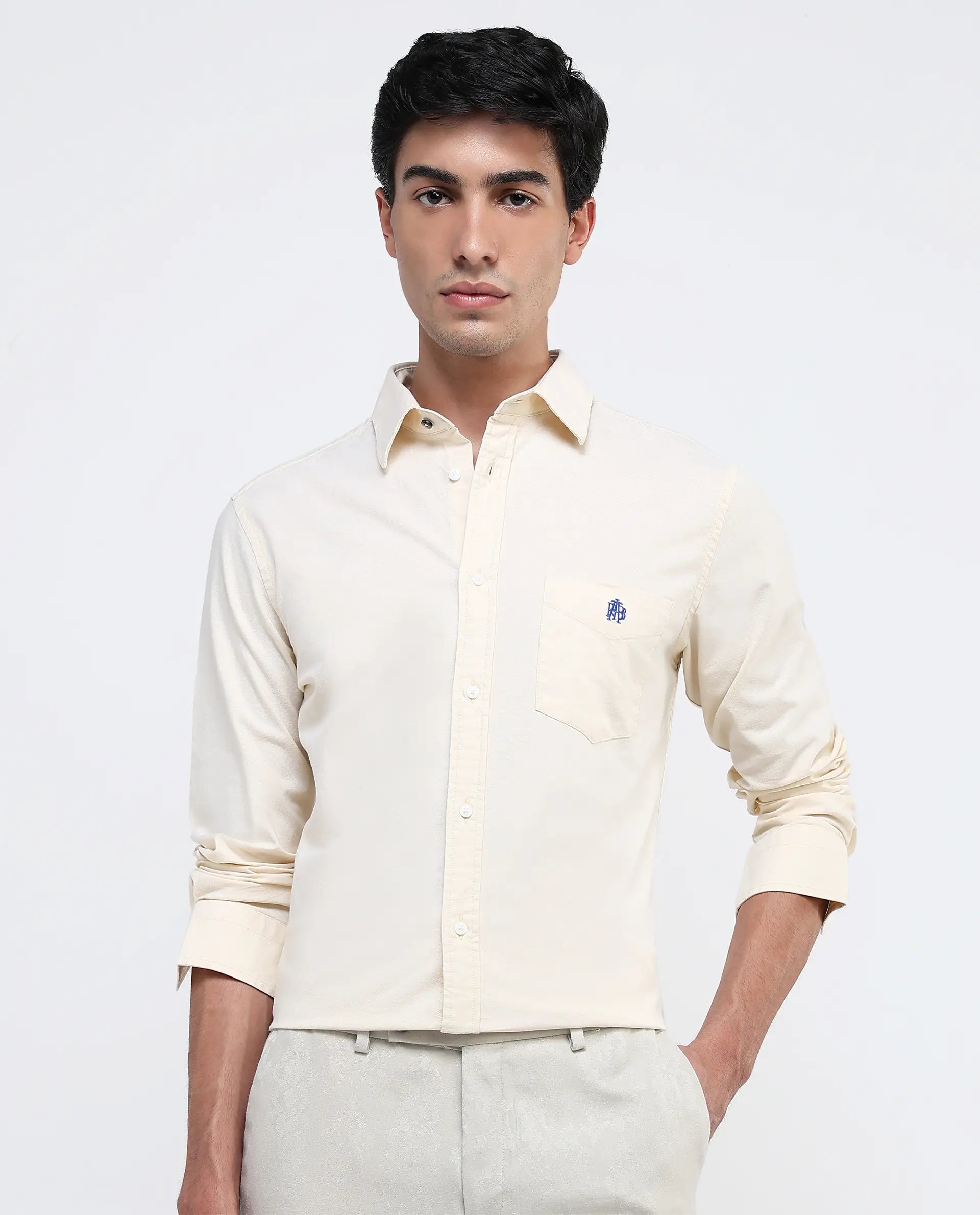 Rare Rabbit Men Oxo Pastel Yellow Full Sleeve Collared Neck Button Closure Regular Fit Plain Shirt