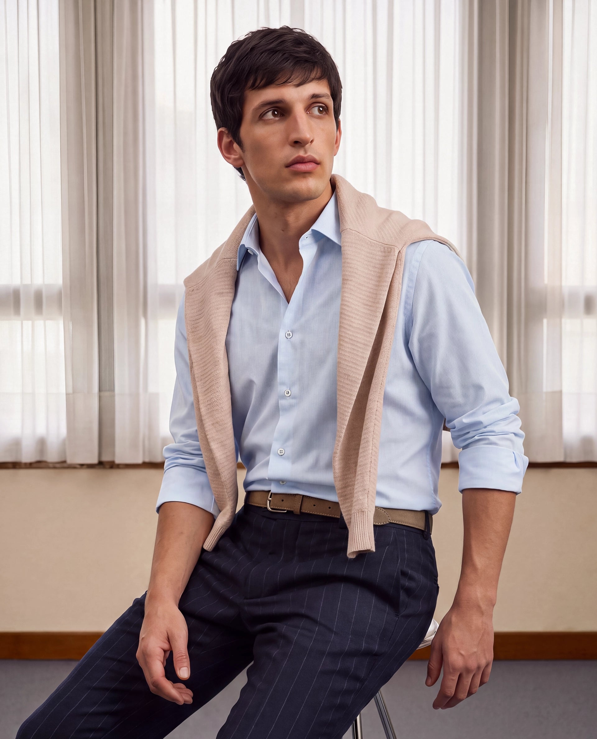 Rare Rabbit Men's Oxvar Light Blue Polyester Blend Spread Collar Button Regular Striped Shirt