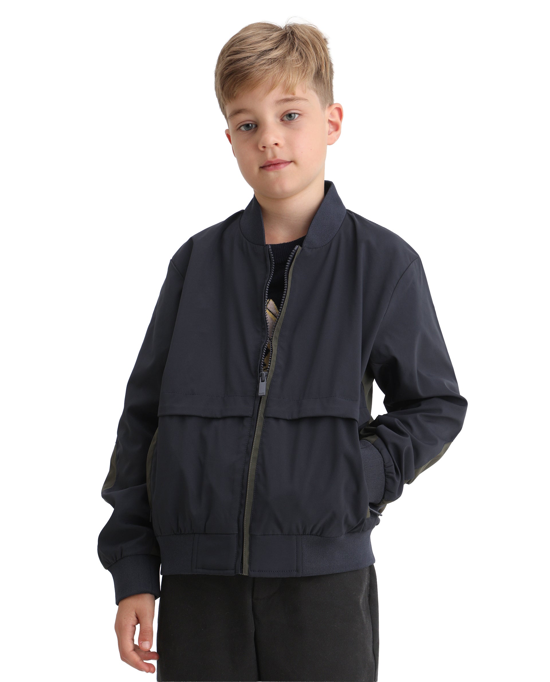 Rare Ones Kids Oza Navy Polyester Zipper Closure Ribbed Collar Plain Full Sleeves Regular Fit Jacket