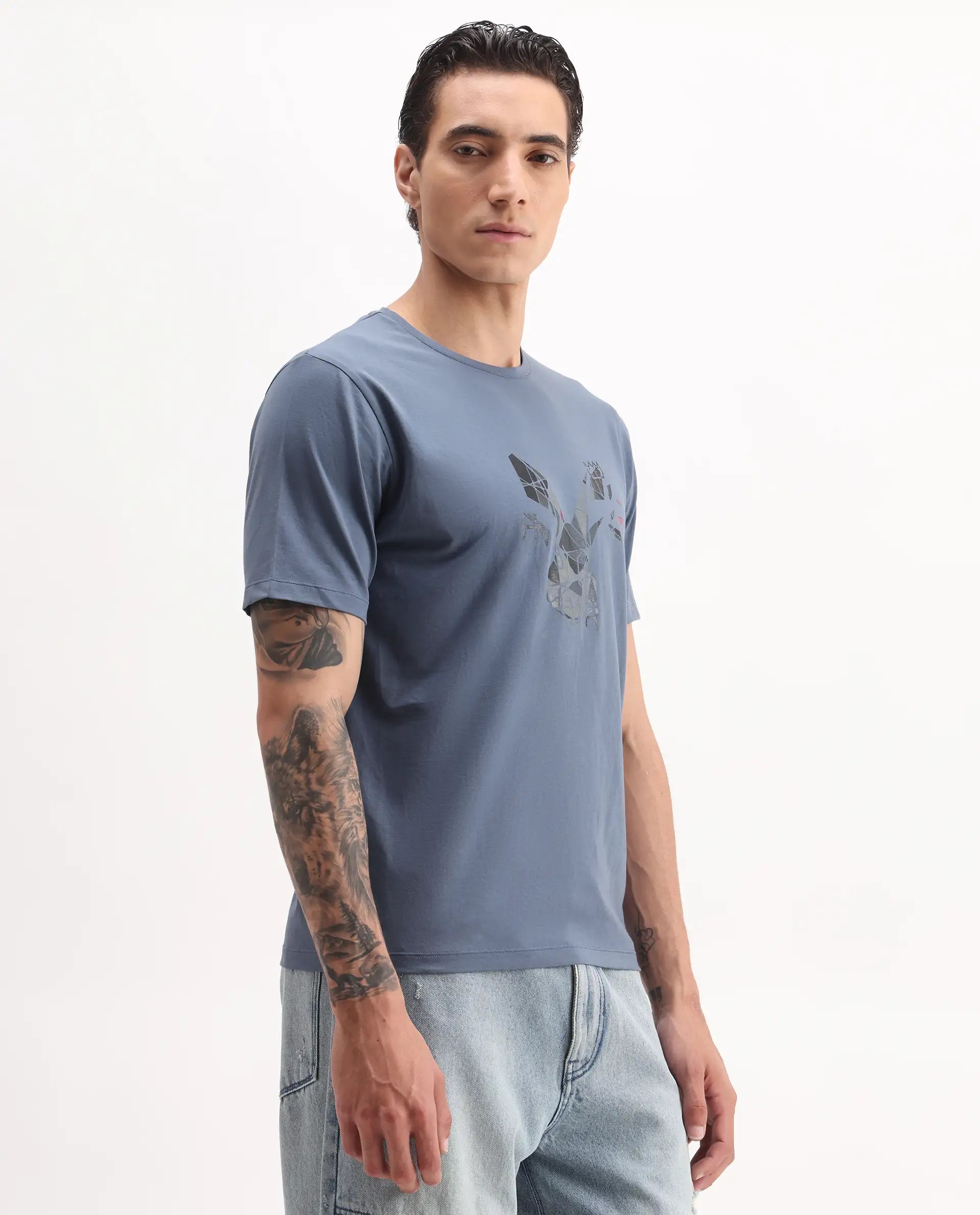 Rare Rabbit Men's Ozan Dusky Blue Cotton Blend Graphic Print Regular Fit Half Sleeve Crew Neck T-Shirt