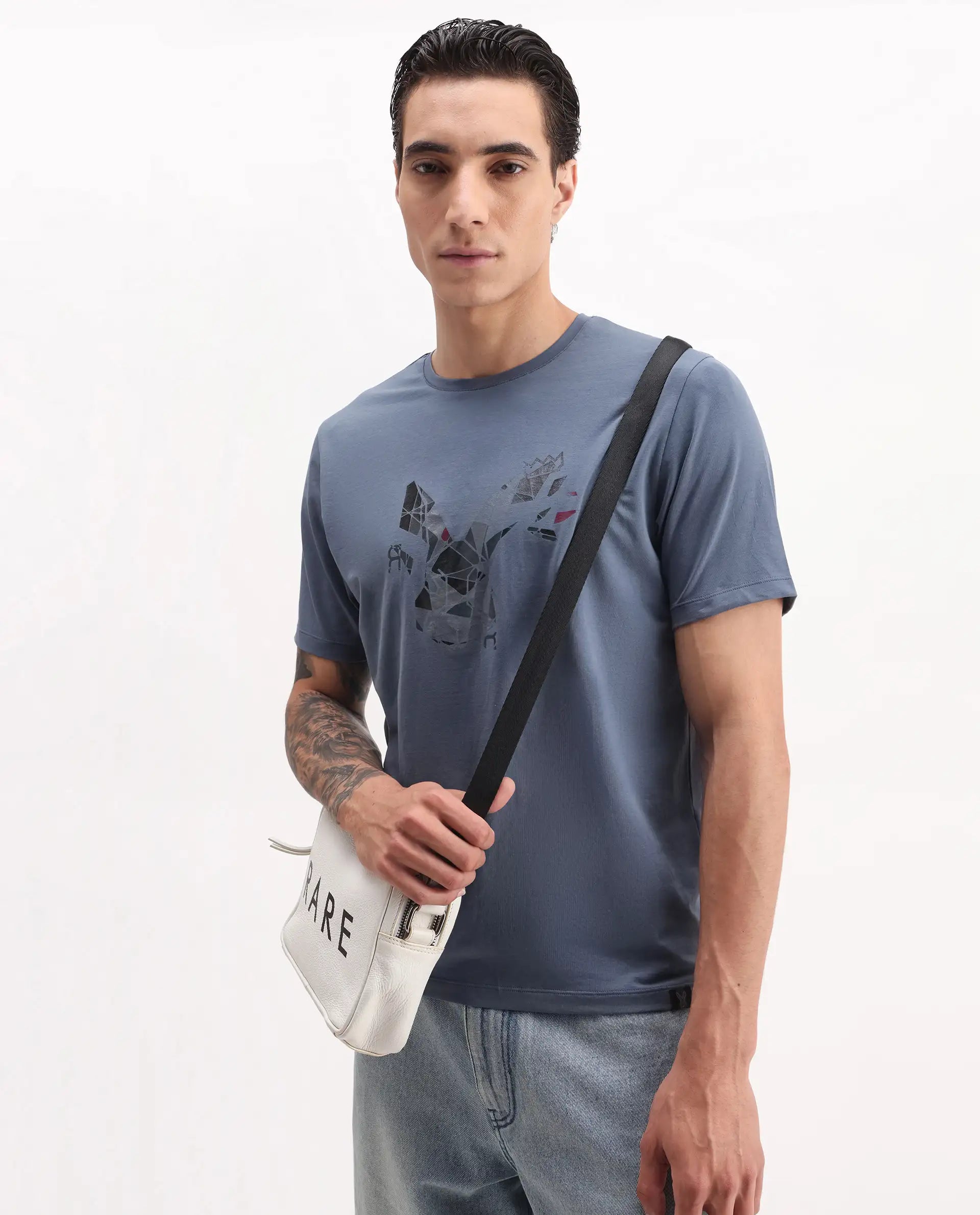 Rare Rabbit Men's Ozan Dusky Blue Cotton Blend Graphic Print Regular Fit Half Sleeve Crew Neck T-Shirt