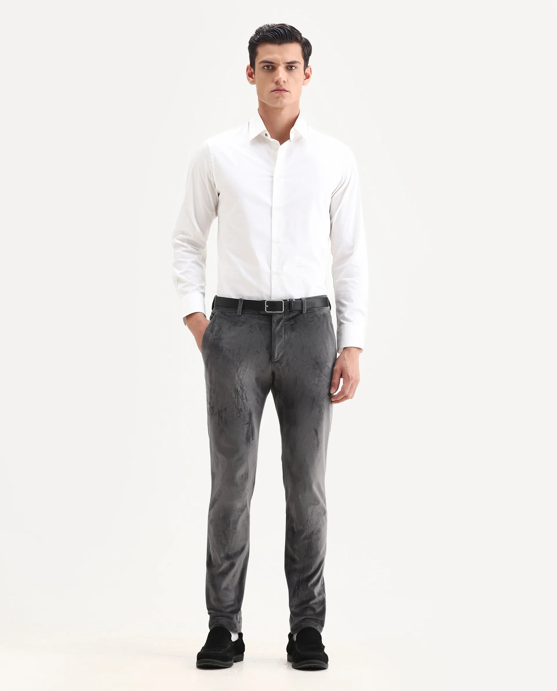 Rare Rabbit Men's Ozzy Grey Velvet Plain Slim Fit Trouser